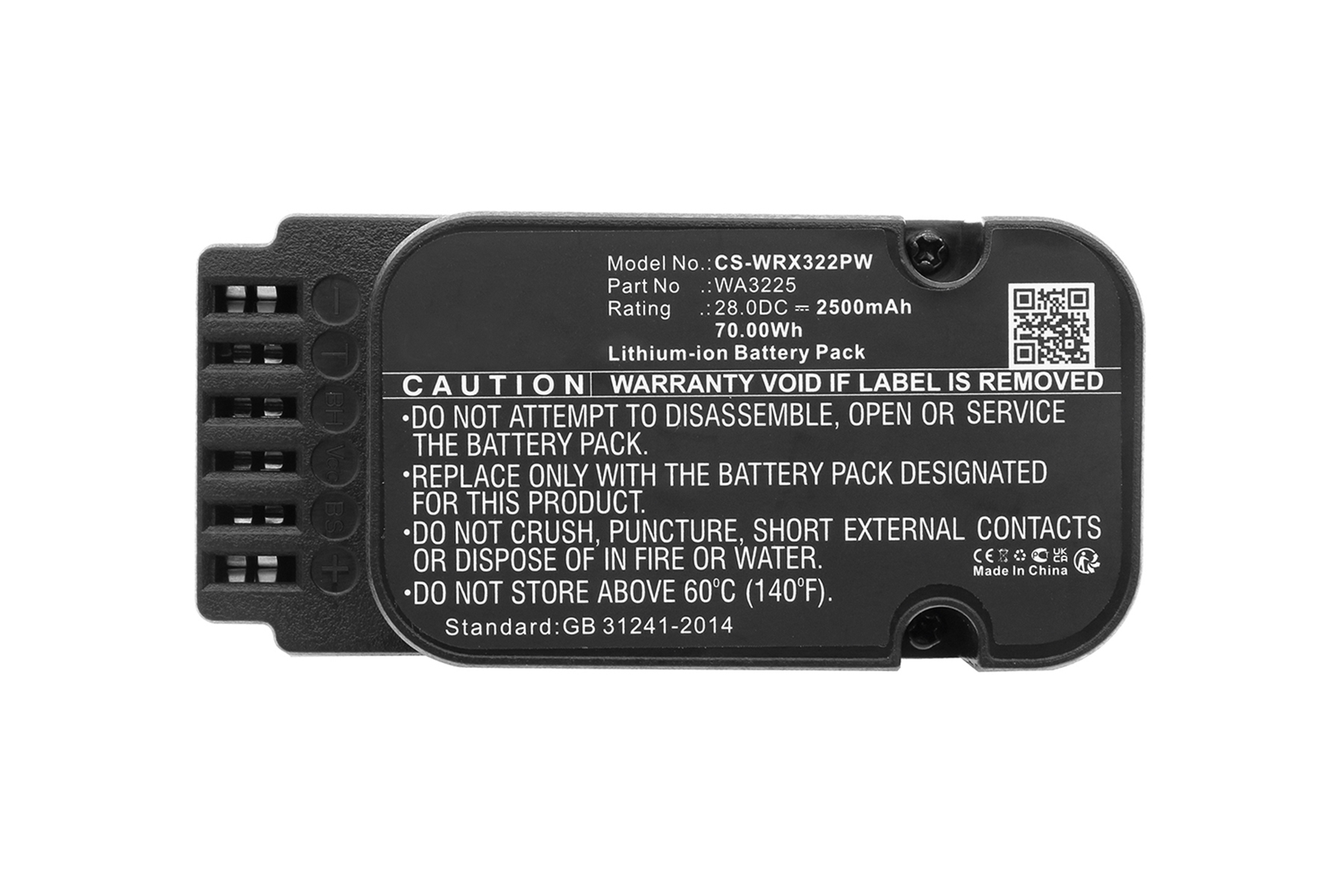 Etichetta del pacco batteria con testo e avvertenze. Mostra il modello e le specifiche del prodotto.