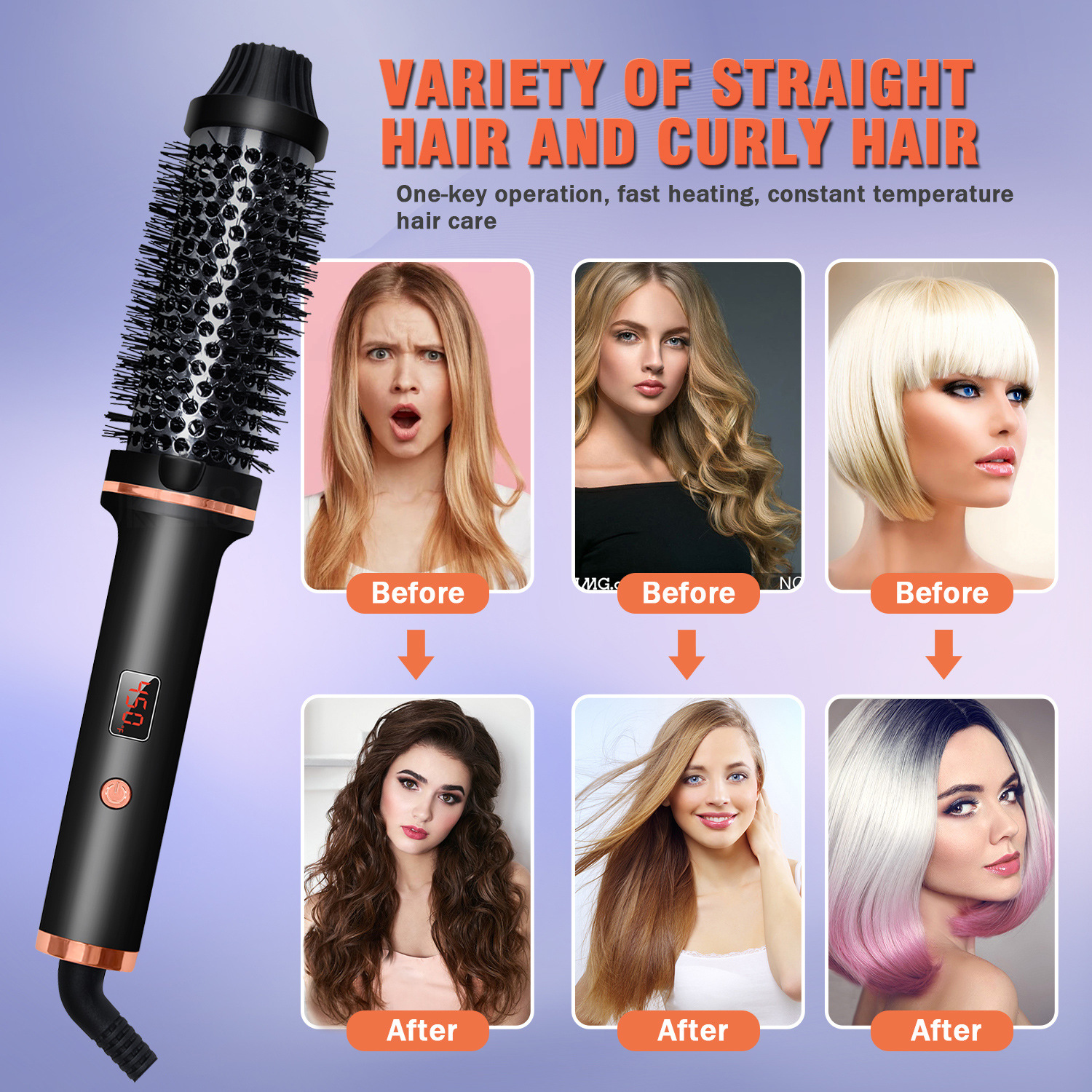 Haarstyling-Werkzeug mit Vorher-Nachher-Bildern von Frauenhaaren, die glatte und lockige Stile demonstrieren.