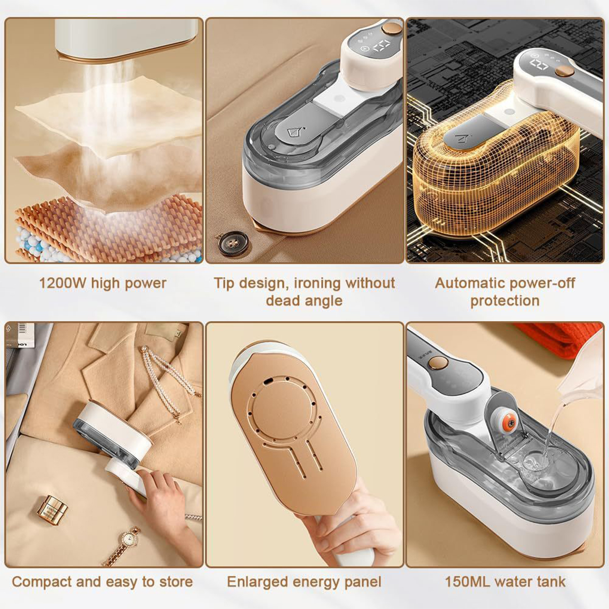 Bilder, die einen Handdampfer mit Funktionen wie Leistung, Design und Wassertankkapazität zeigen.