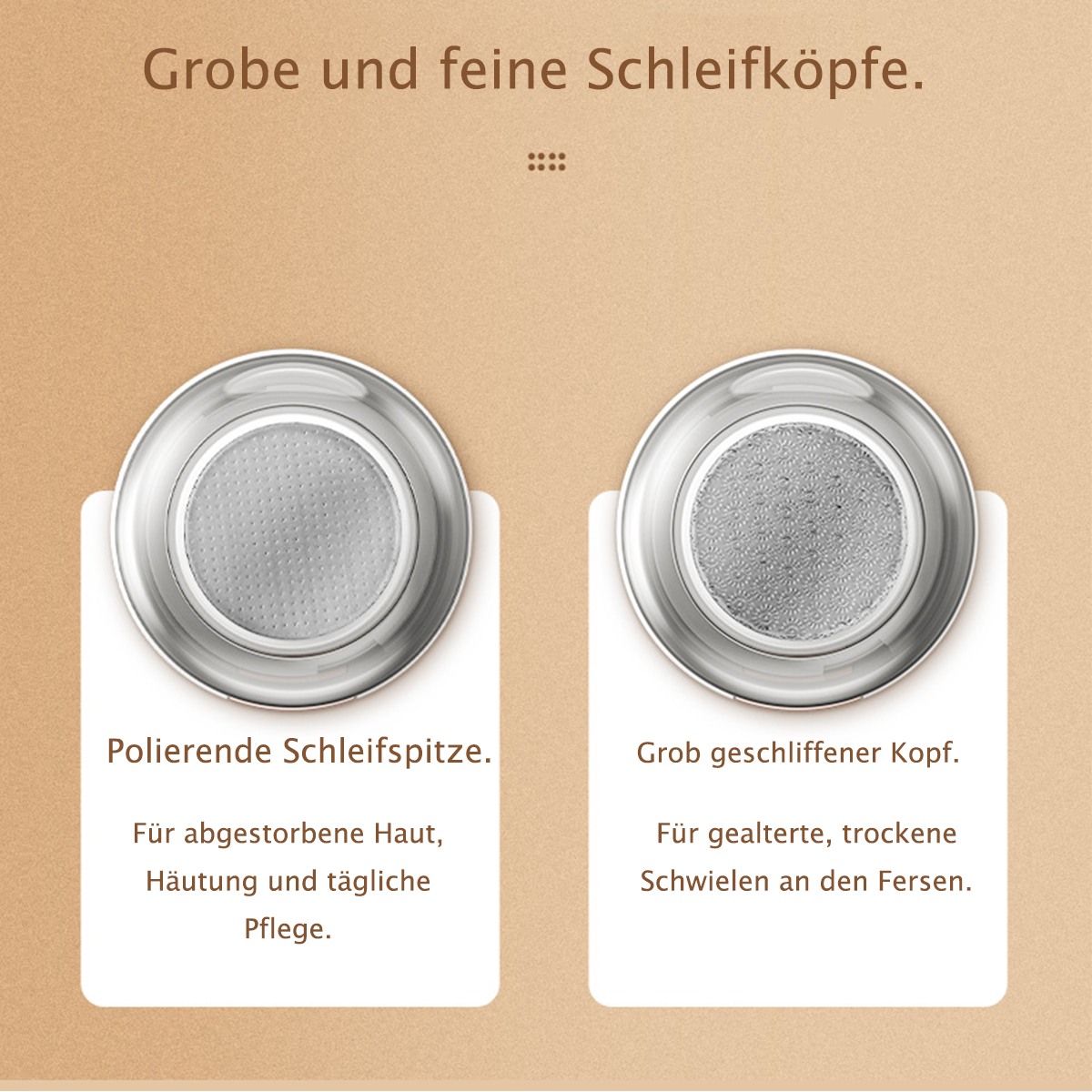 Zwei silberne Fußpflege-Werkzeuge mit Text, zum Polieren und Grobschleifen.