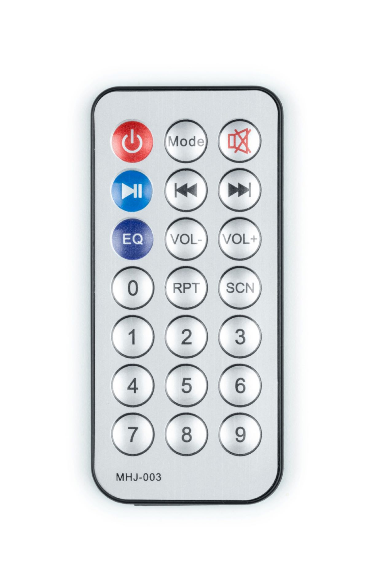 Srebrny pilot z wieloma przyciskami. Zawiera zasilanie, tryb i przyciski numeryczne.