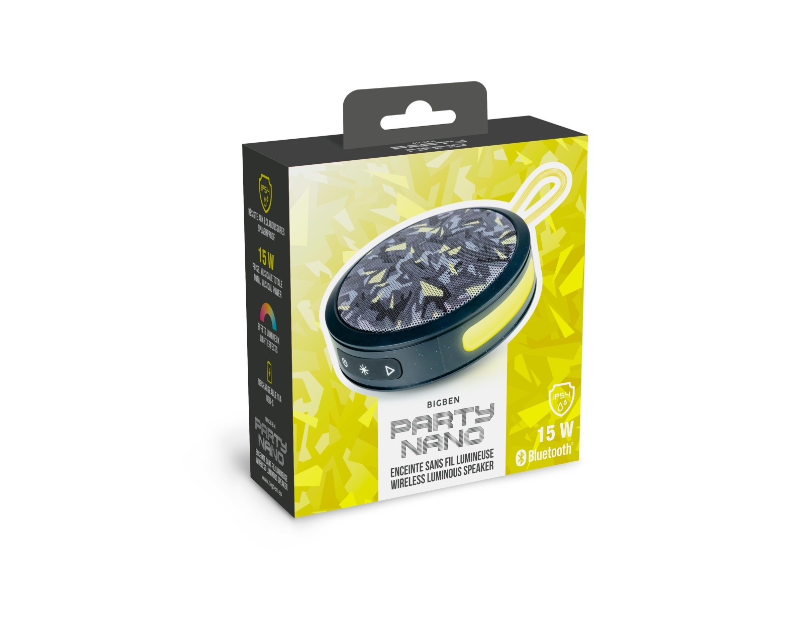 Un piccolo altoparlante portatile nero e giallo in una scatola.