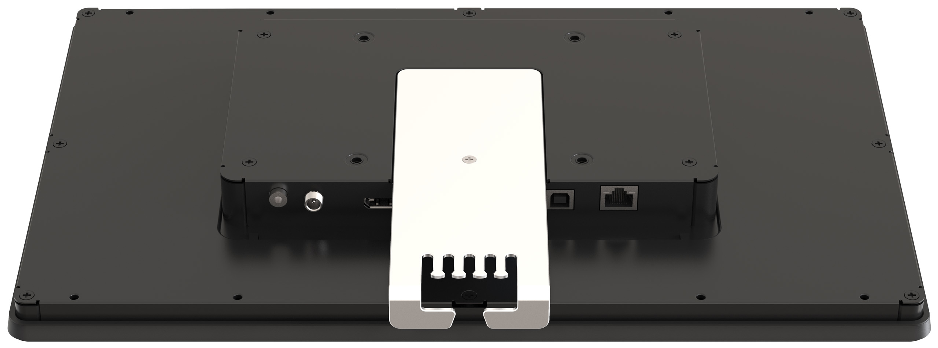 Widok z tyłu czarnego tabletu ze stojakiem. Widoczne porty i śruby.