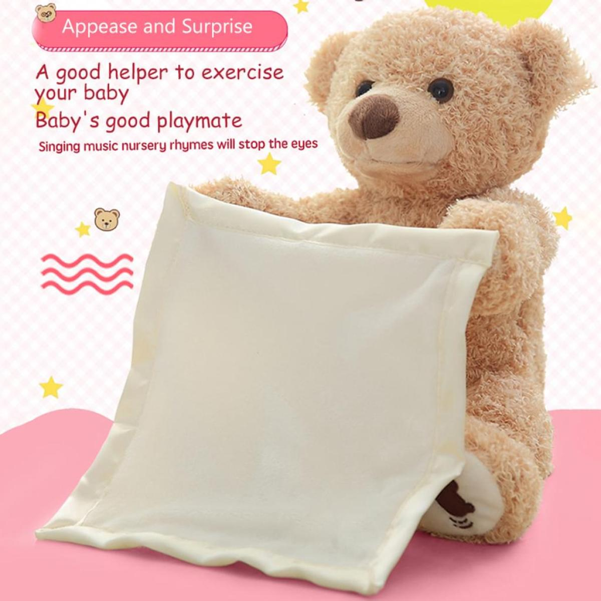 Ein Teddybär hält ein leeres weißes Schild. Text auf dem Bild: 'Appease and Surprise'.