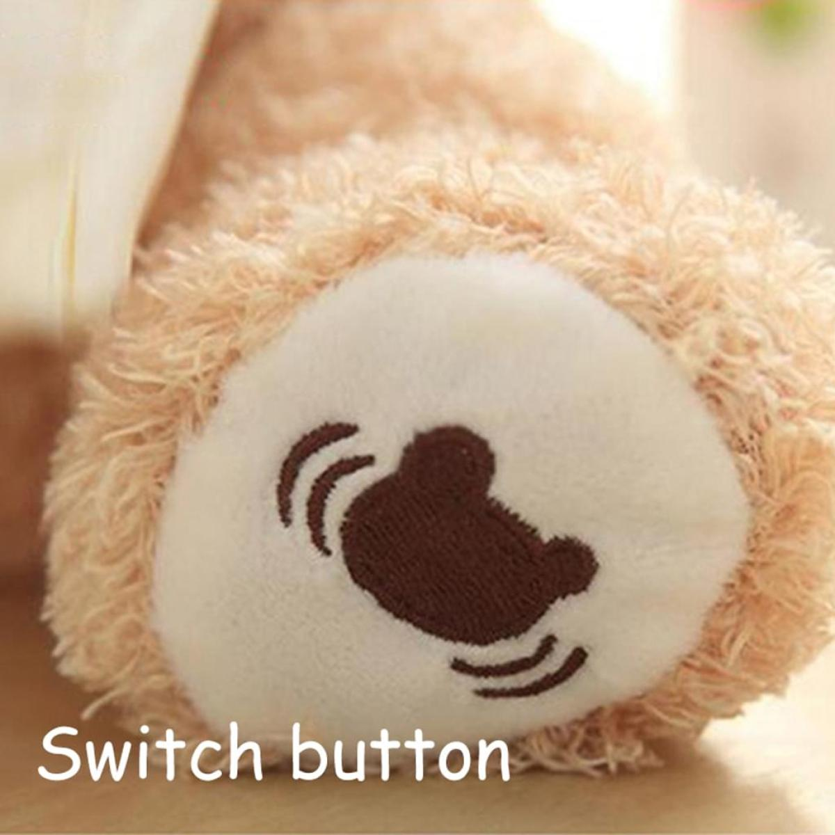 Ein brauner Teddybärfuß mit der Aufschrift "Switch button".