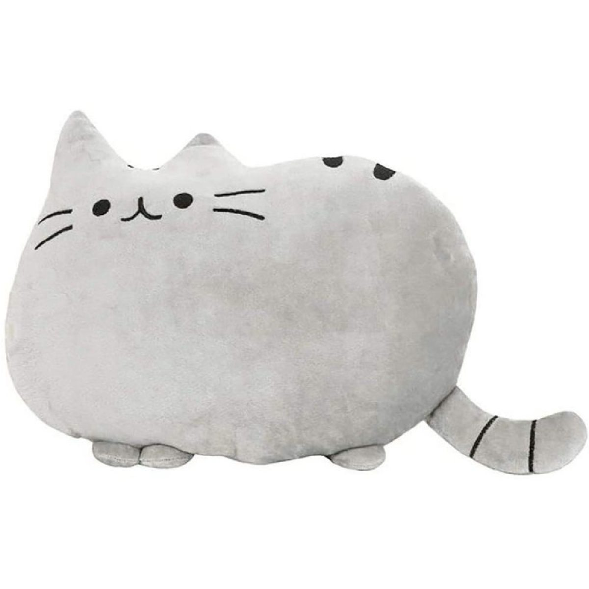 Ein graues Pusheen-Katzenplüschtier mit schwarzen Schnurrhaaren und Flecken.