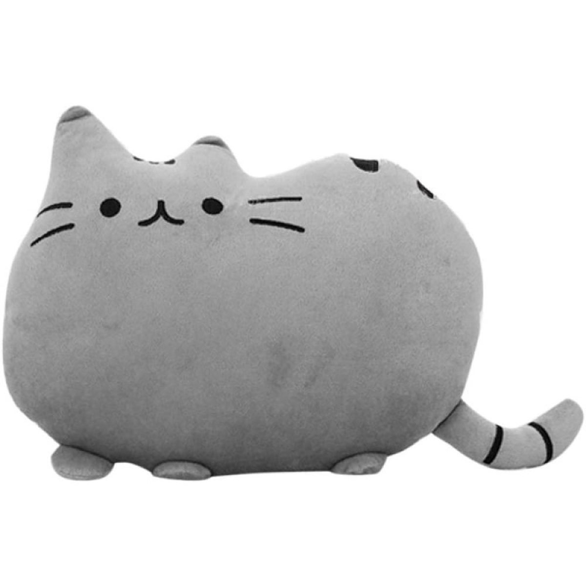 Ein graues Pusheen-Katzenplüschtier, das liegt, mit einfachem Gesicht und gestreiftem Schwanz.
