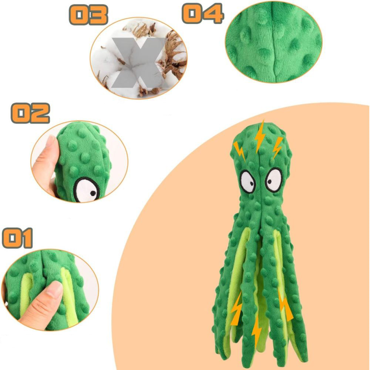 Ein grünes Plüsch-Oktopus-Spielzeug mit gelben Akzenten und mehreren Ansichten. Baumwolle ist gezeigt.