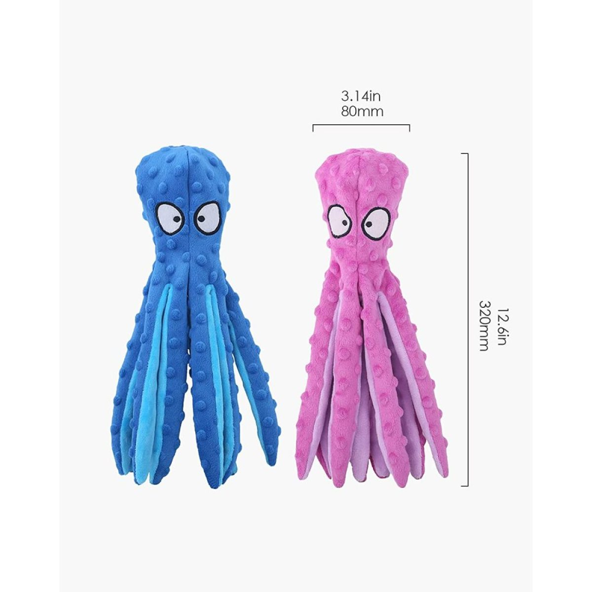 Zwei Spielzeug-Oktopusse, blau und rosa, mit Kulleraugen und mehreren Tentakeln.