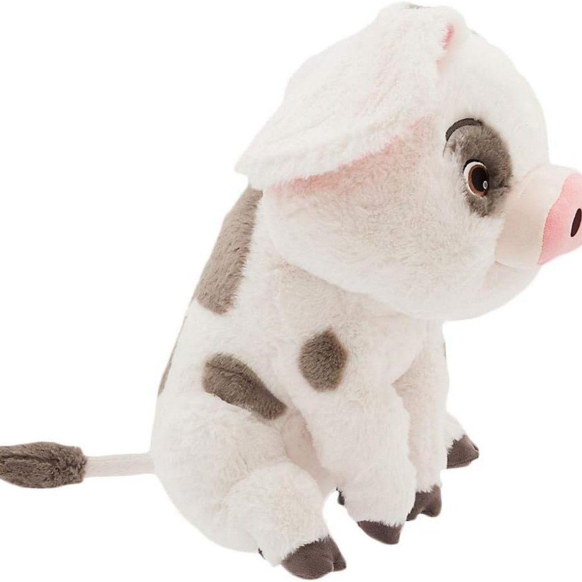 Ein weißes und graues Schwein-Stofftier mit grauen Flecken, das sitzt und nach rechts schaut.
