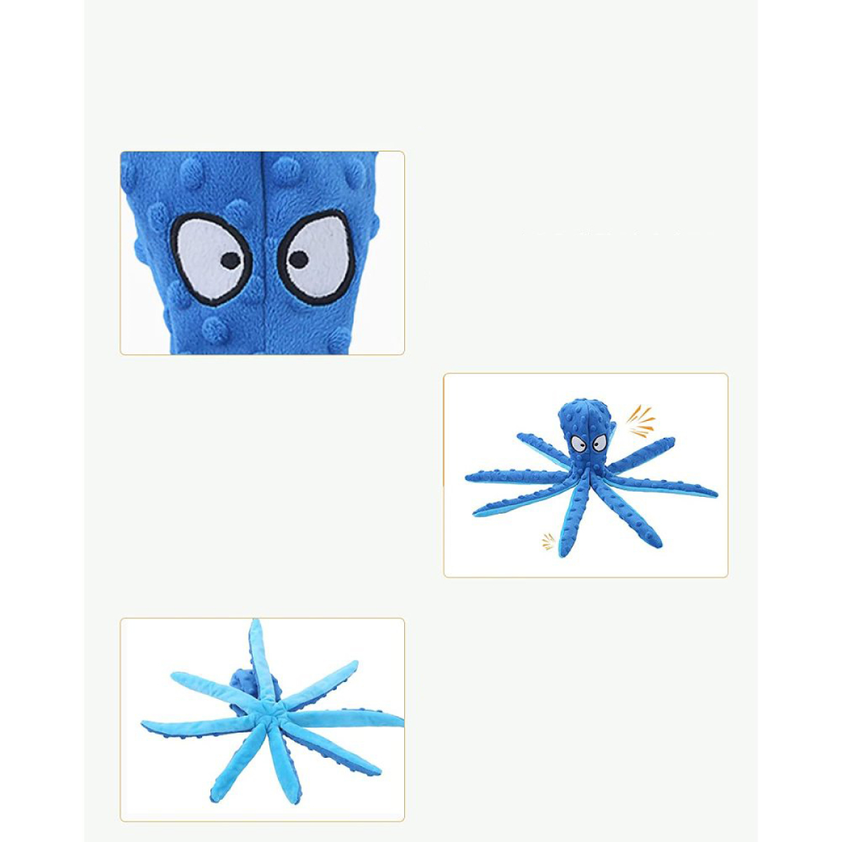 Blaues Plüsch-Oktopus-Spielzeug in drei Ansichten: Kopf-Nahaufnahme, Ganzkörper, Tentakel.