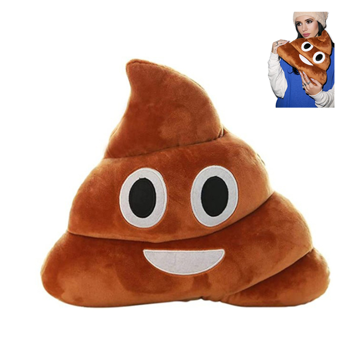 Braunes, lächelndes Kackhaufen-Emoji-Plüschtier mit einer Frau, die ein ähnliches hält.