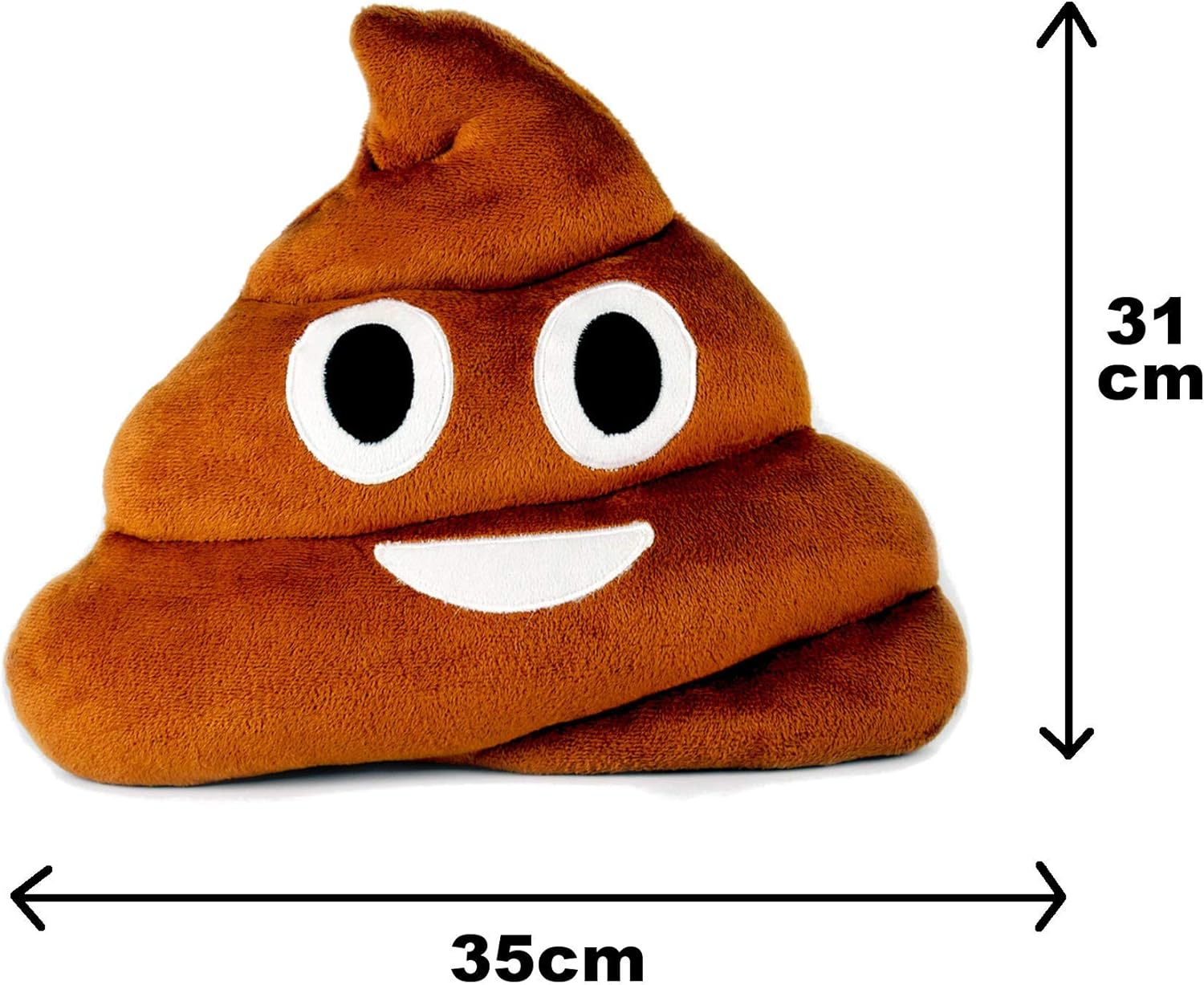 Ein braunes Emoji-Kackhaufen mit weißen Augen und einem lächelnden Mund, mit 31 cm Höhe und 35 cm Breite.