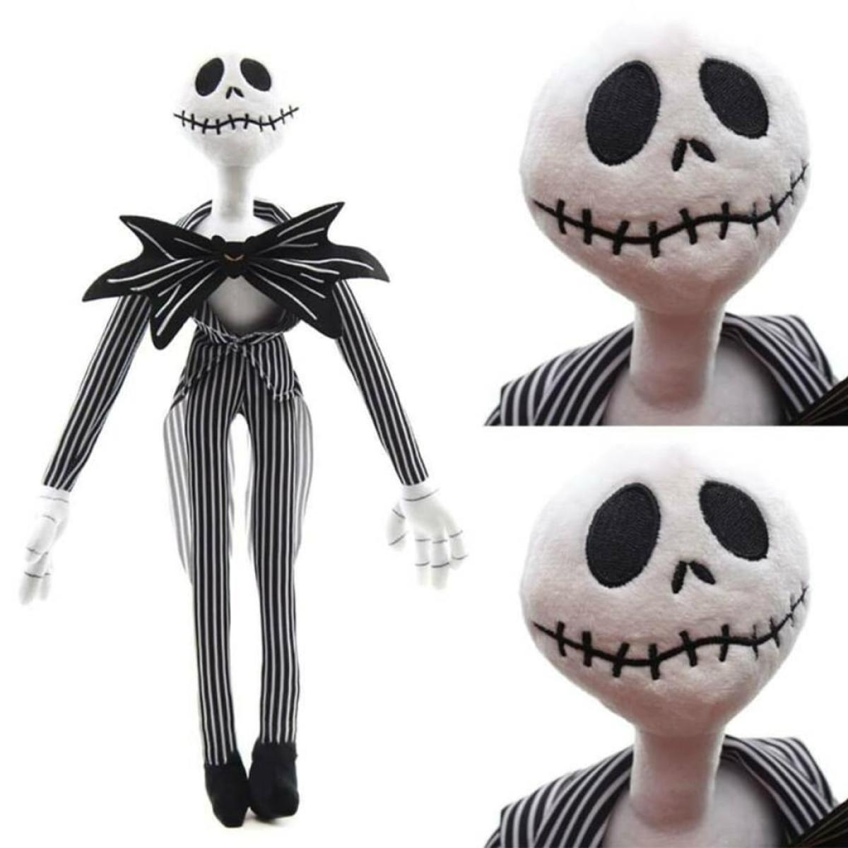 Jack Skellington Plüschpuppe mit schwarz-weißen Streifen und Fliege, zwei Detailaufnahmen des Kopfes.