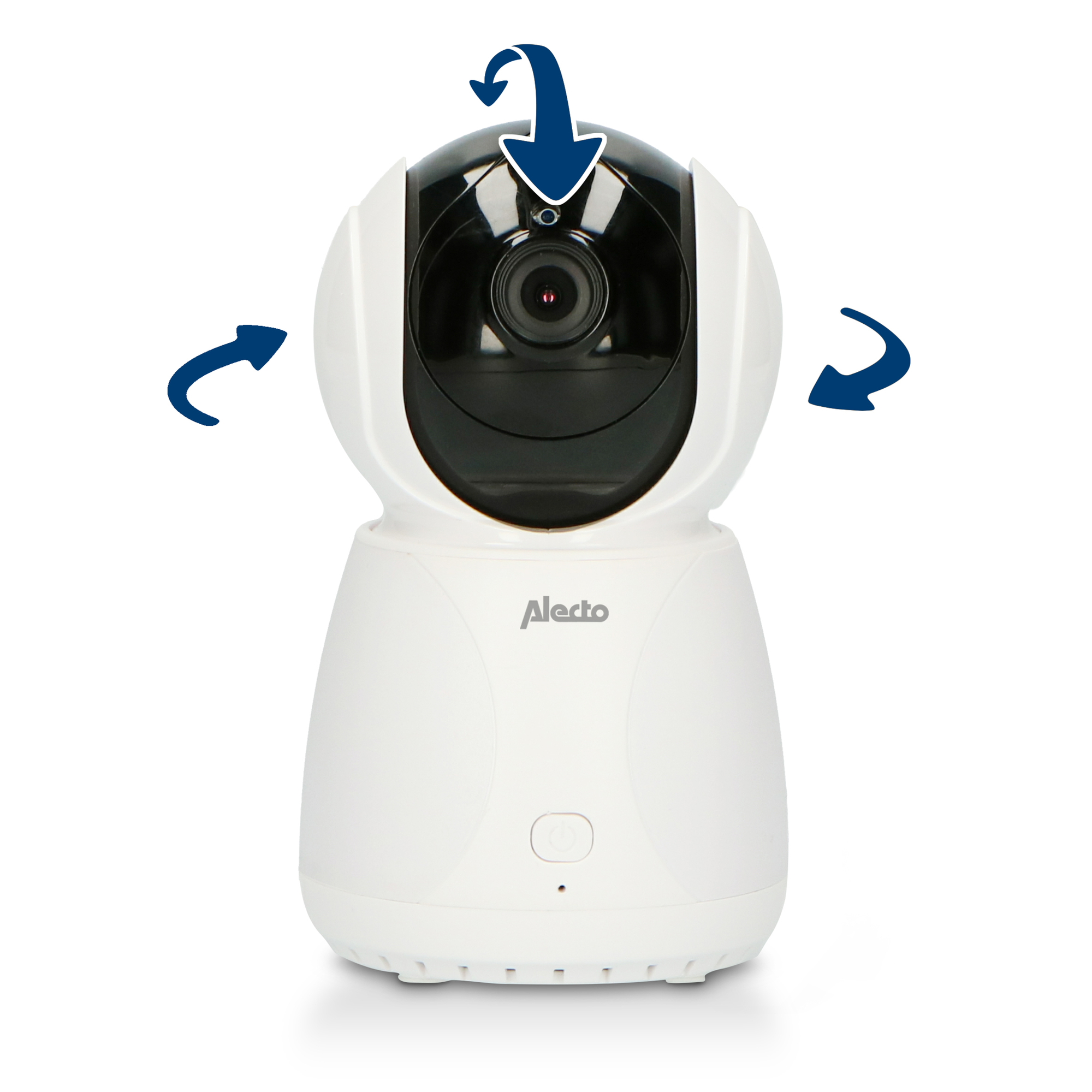 Weiße Babyphone-Kamera mit Pfeilen, die Bewegung auf weißem Hintergrund anzeigen.