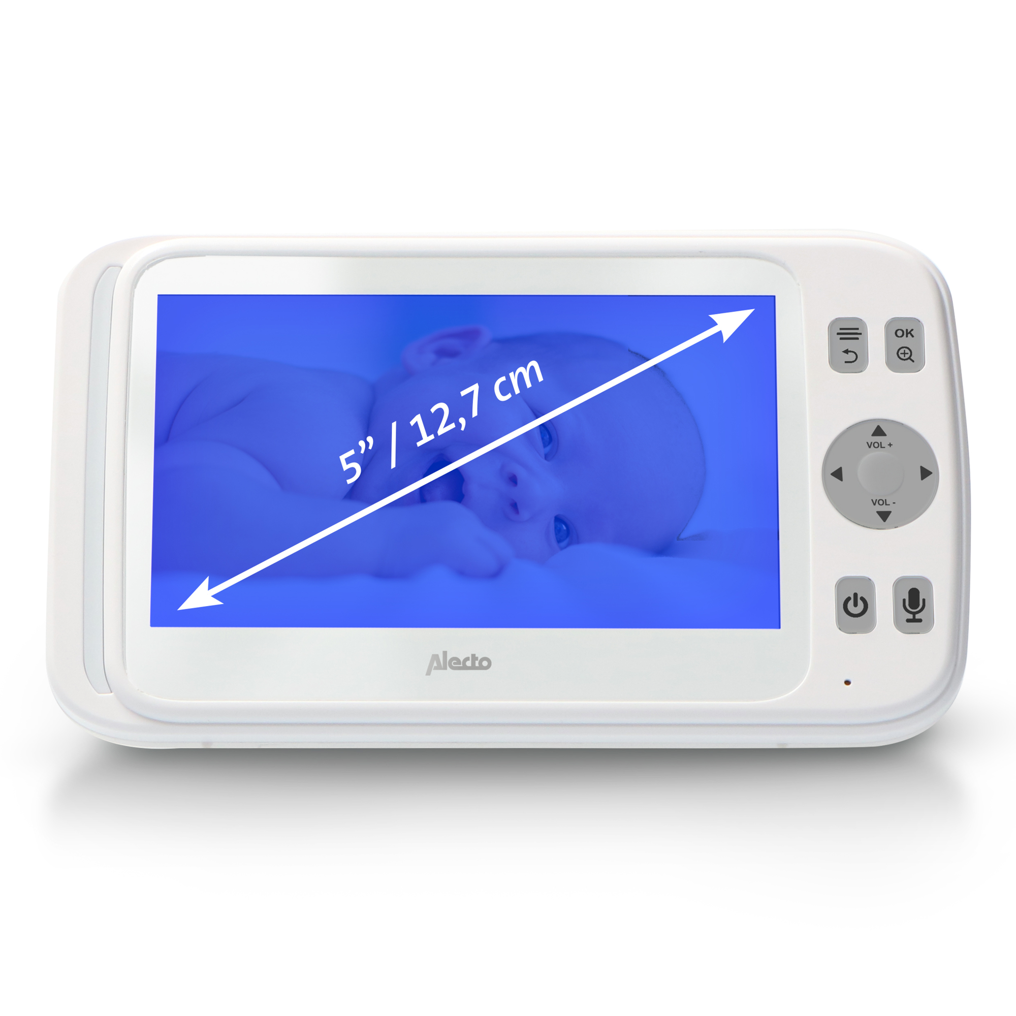 Weißer Babyphone mit einem Bildschirm, der ein Baby zeigt.