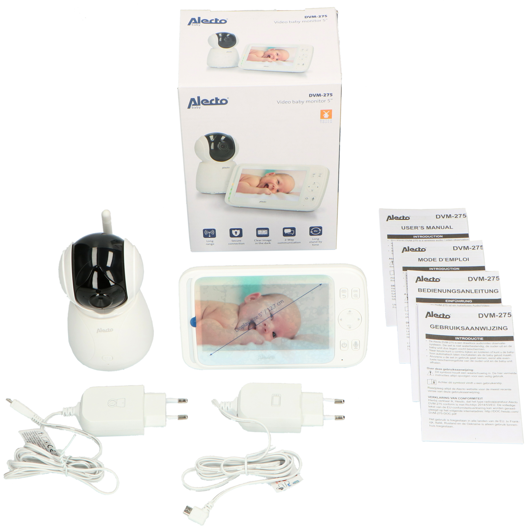 Babyphone-Set mit Kamera, Bildschirm und Zubehör. Weißer Hintergrund.