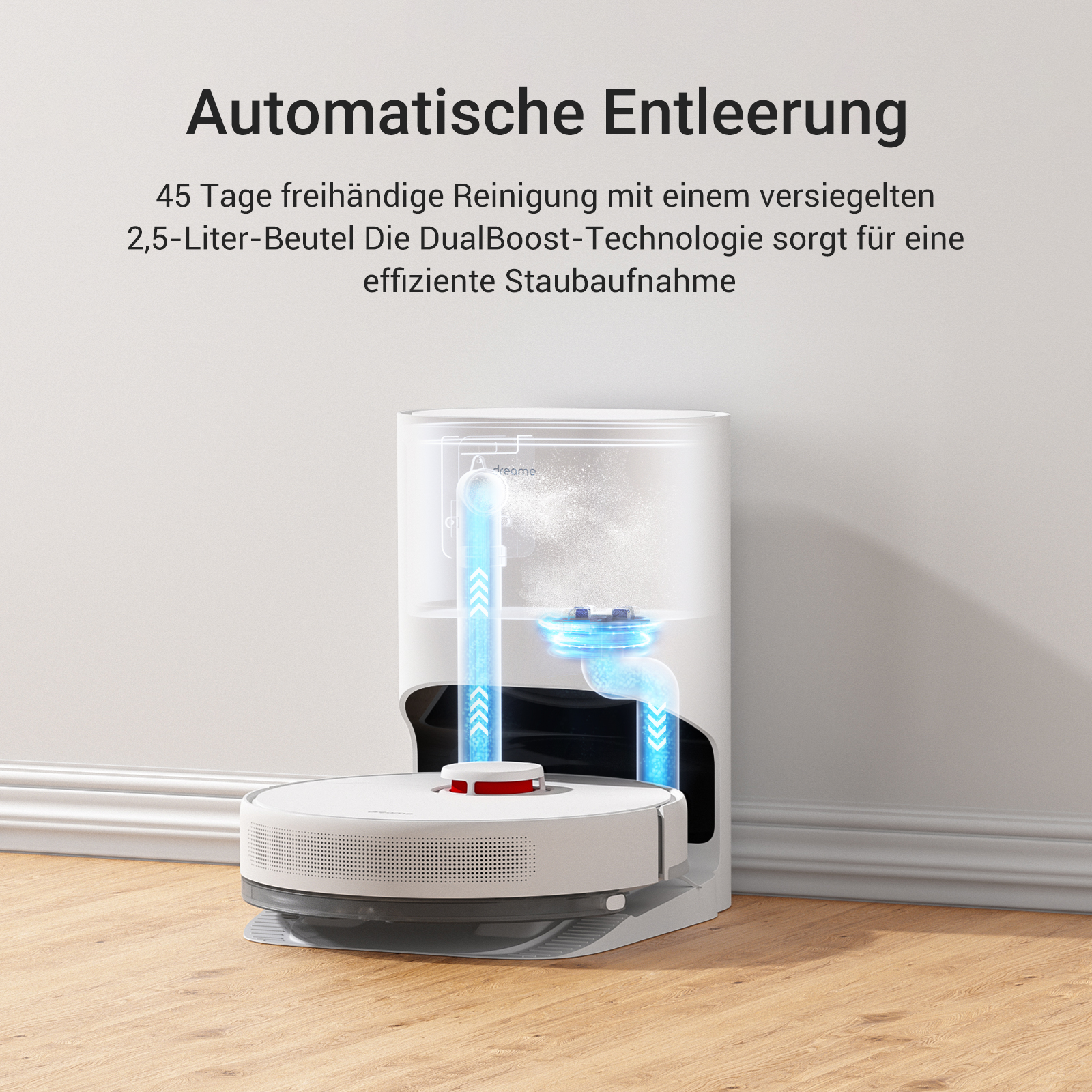 Ein weißer Roboter-Staubsauger und seine Basisstation. Die Basisstation hat blaue Akzente.