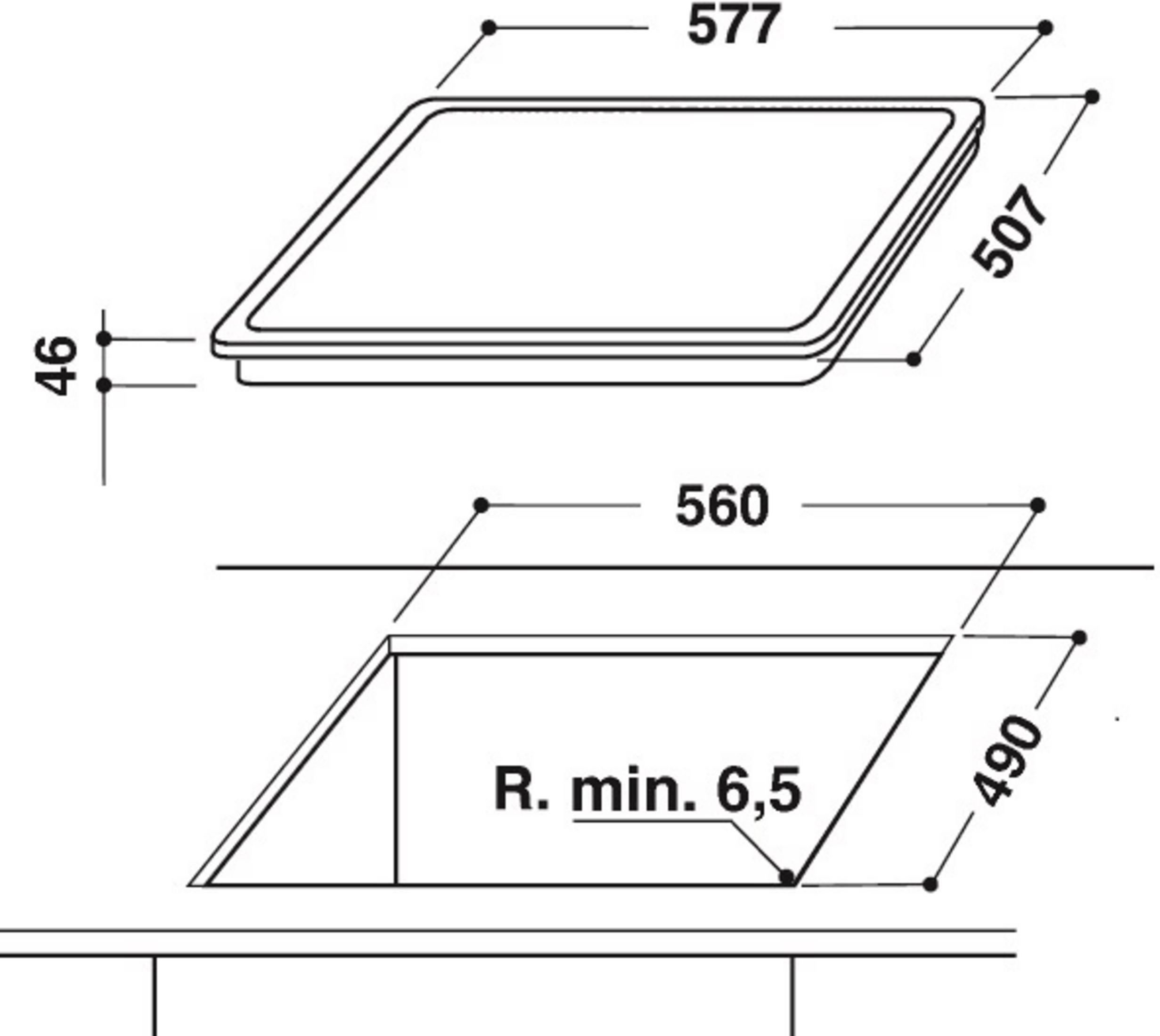 Schwarz-weiße technische Zeichnung eines Quadrats mit Abmessungen für den Einbau in eine Oberfläche.
