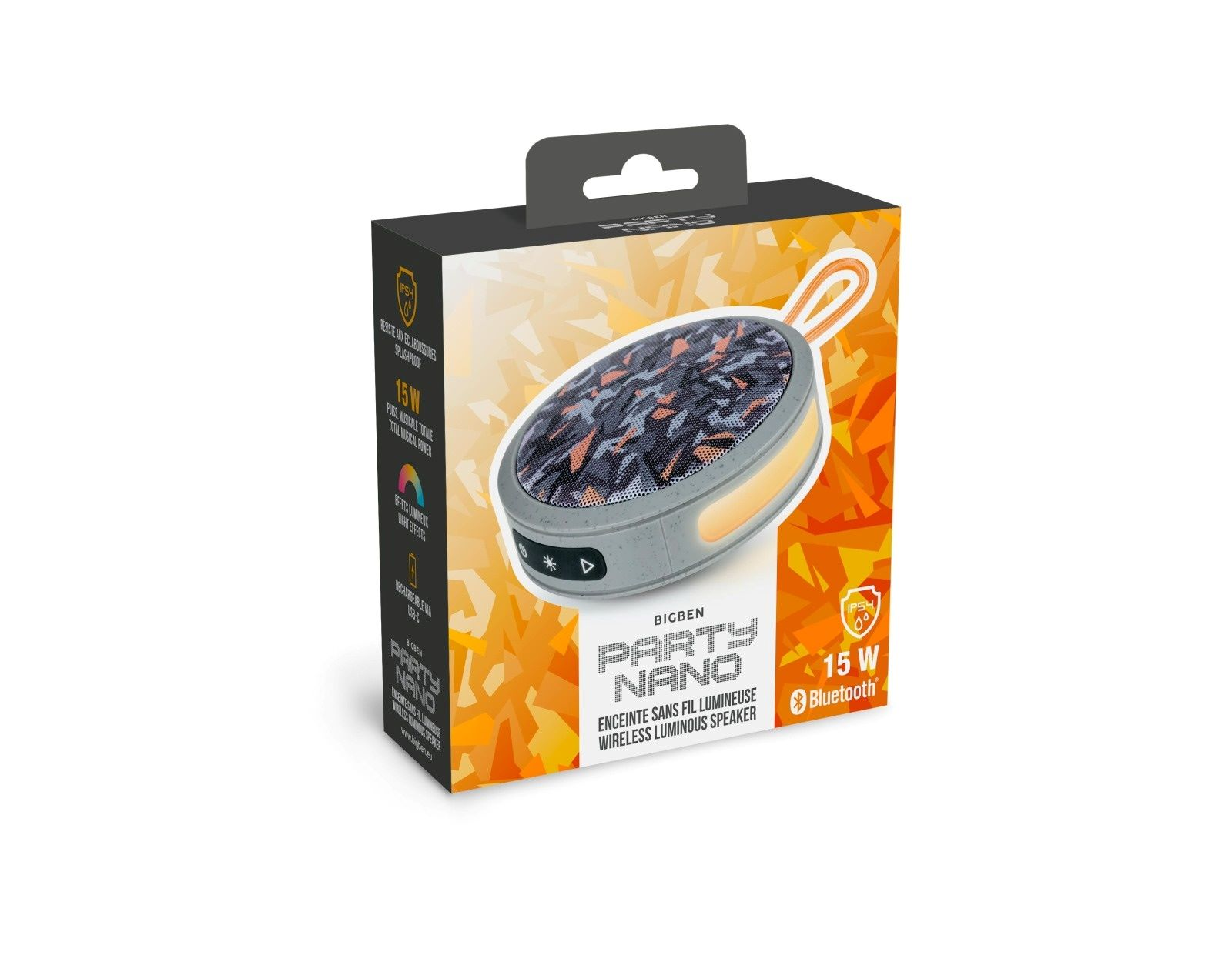 Altoparlante Party Nano in scatola, grigio con accenti arancioni, Bluetooth, potenza 15W.