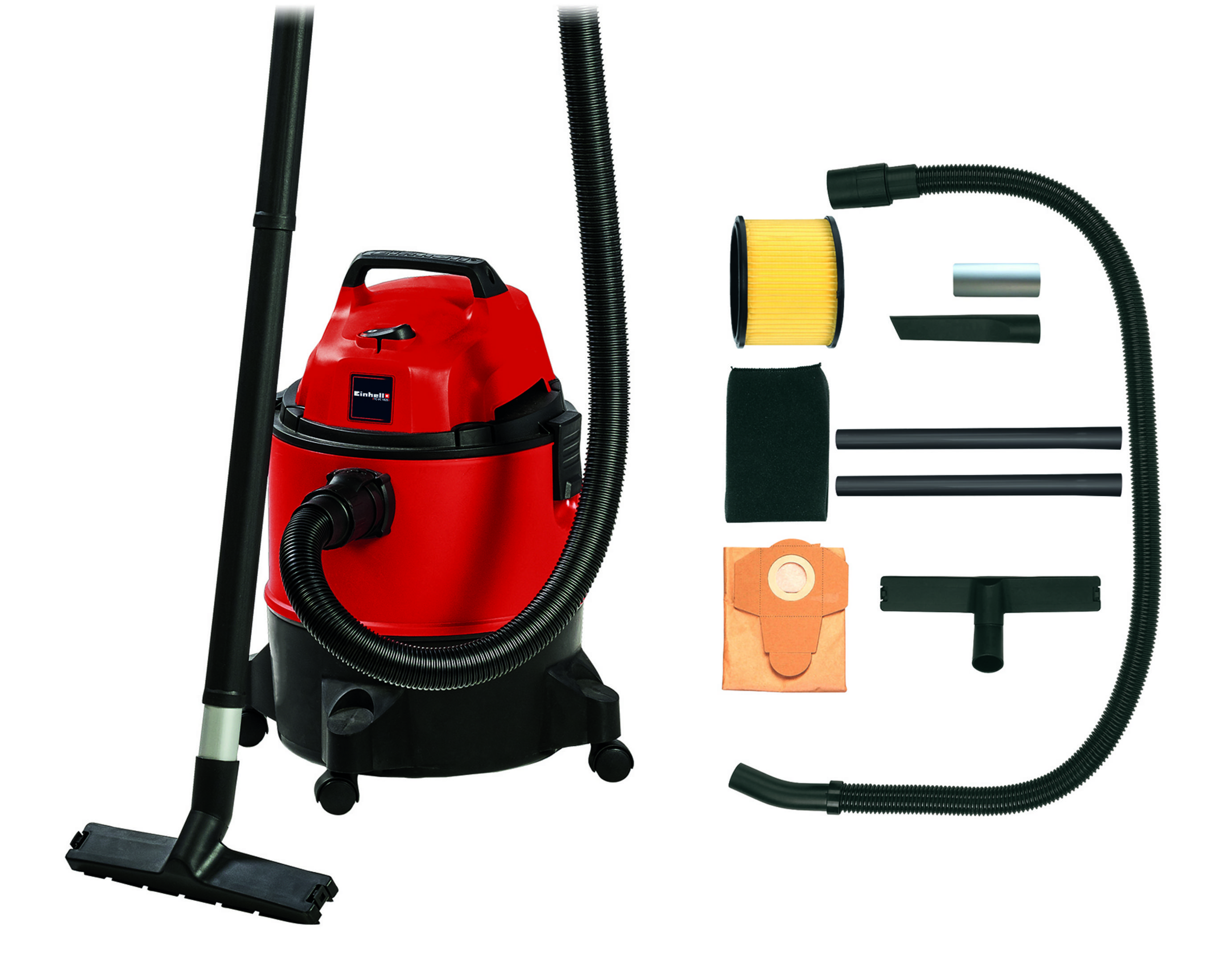 Aspirateur rouge avec accessoires. Comprend des tuyaux, des filtres et des accessoires. Fond blanc.