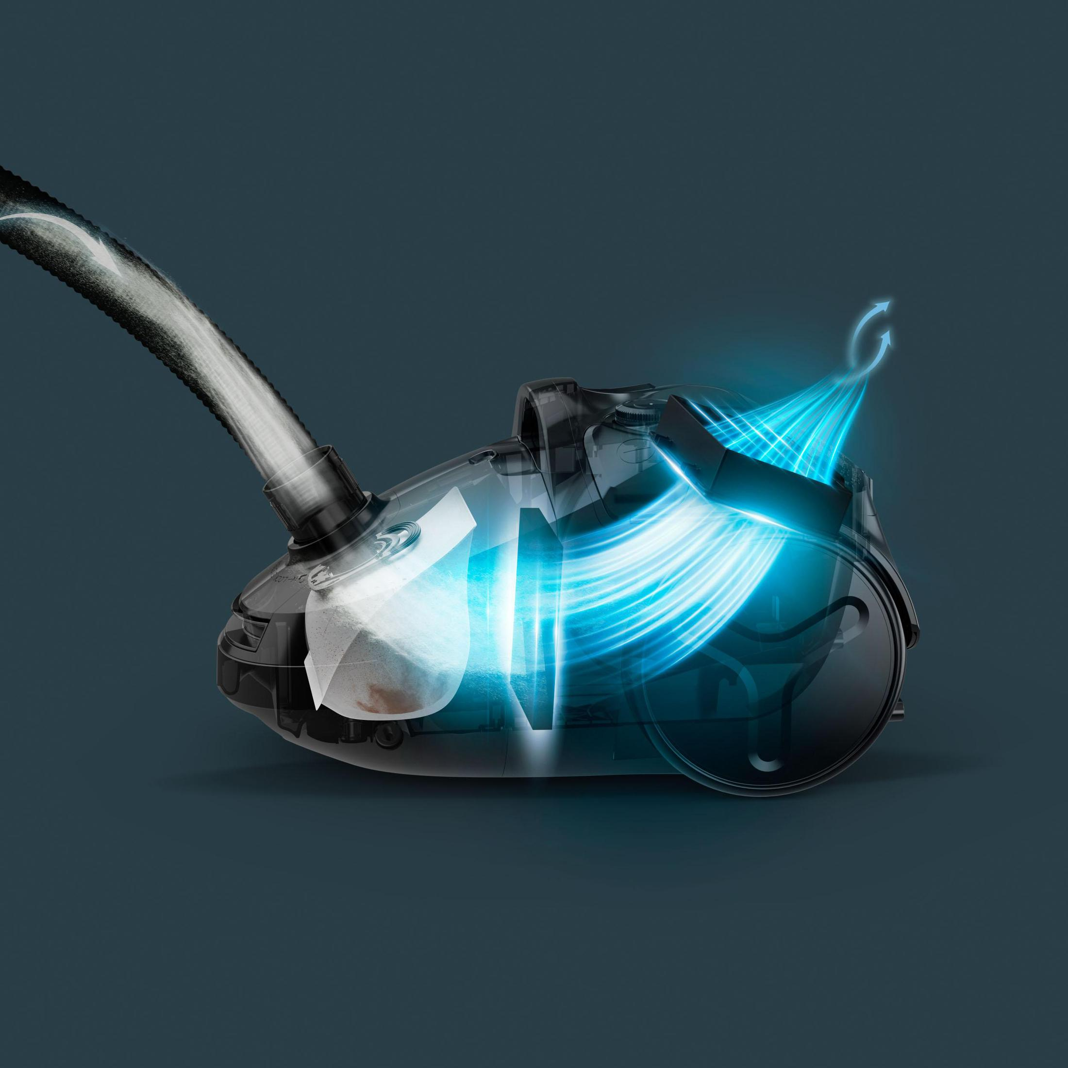 Aspirateur en coupe transversale. Montre les composants internes et le flux d'air avec des flèches.