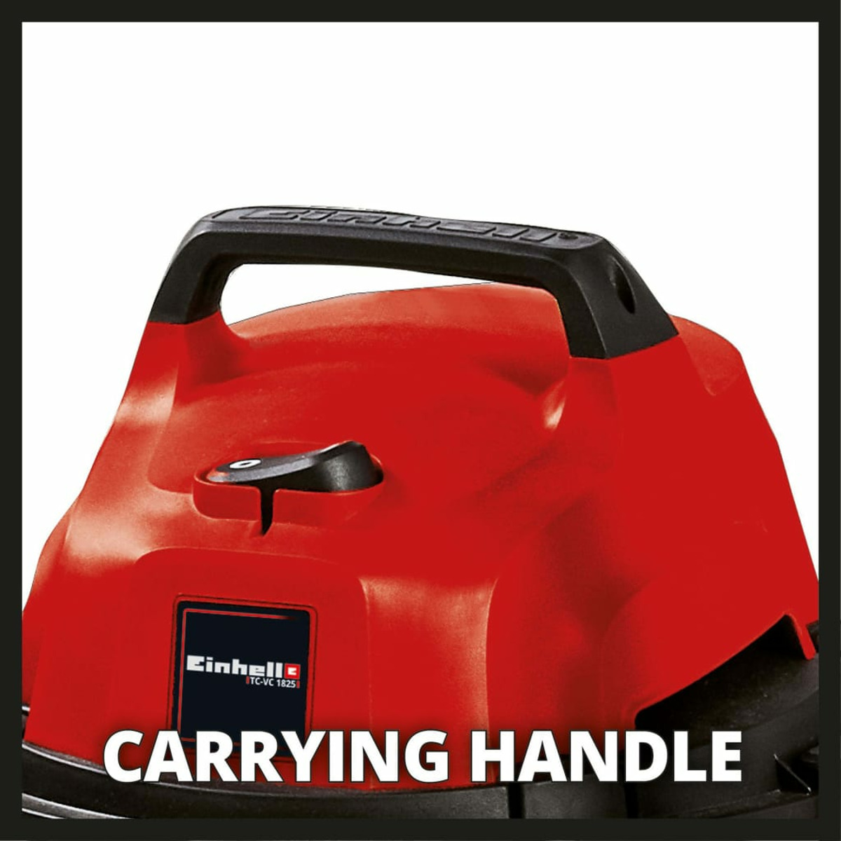 Poignée d'aspirateur rouge avec le mot "CARRYING HANDLE" en lettres blanches.