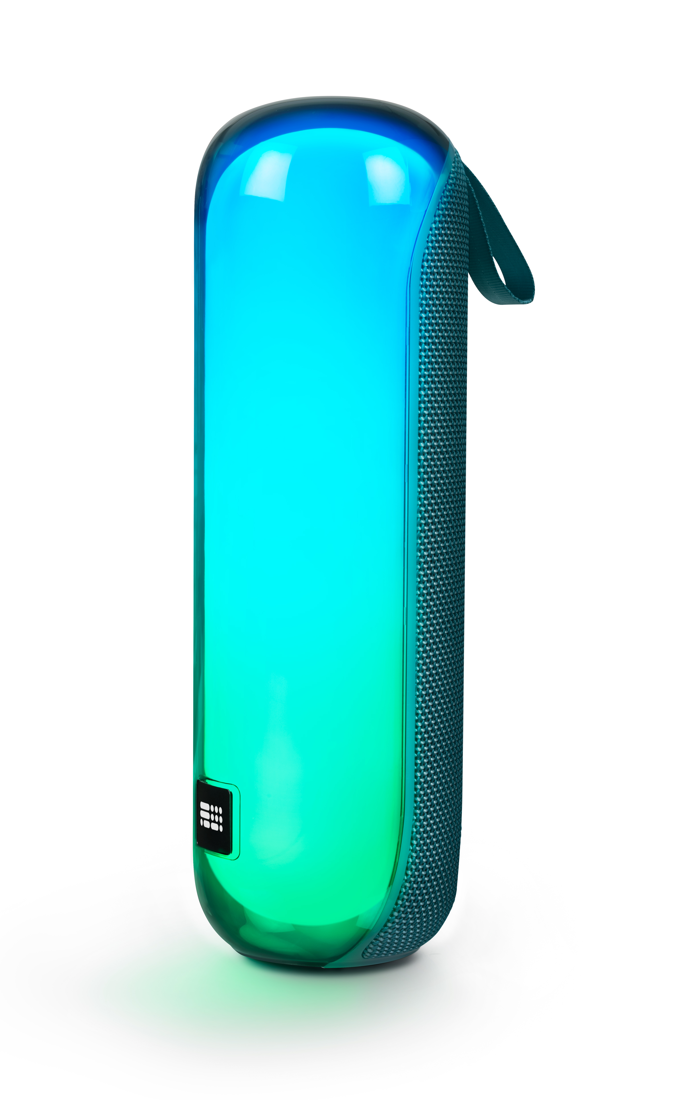 Cylindryczny głośnik Bluetooth z gradientem niebiesko-zielonym, z uchwytem i interfejsem przycisków.