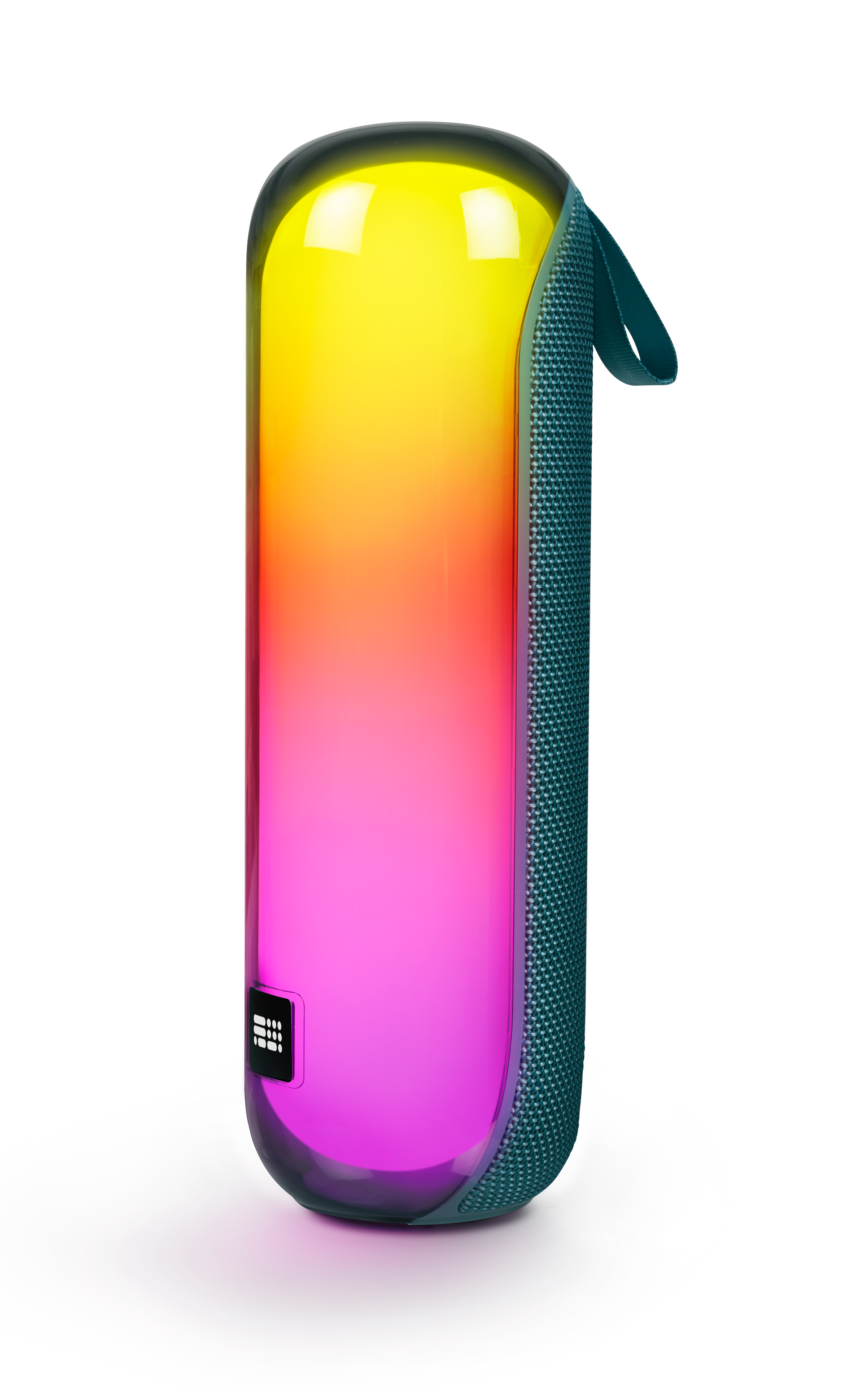 Kolorowy głośnik cylindryczny z niebieskim, żółtym i różowym gradientem. Pasek na górze.