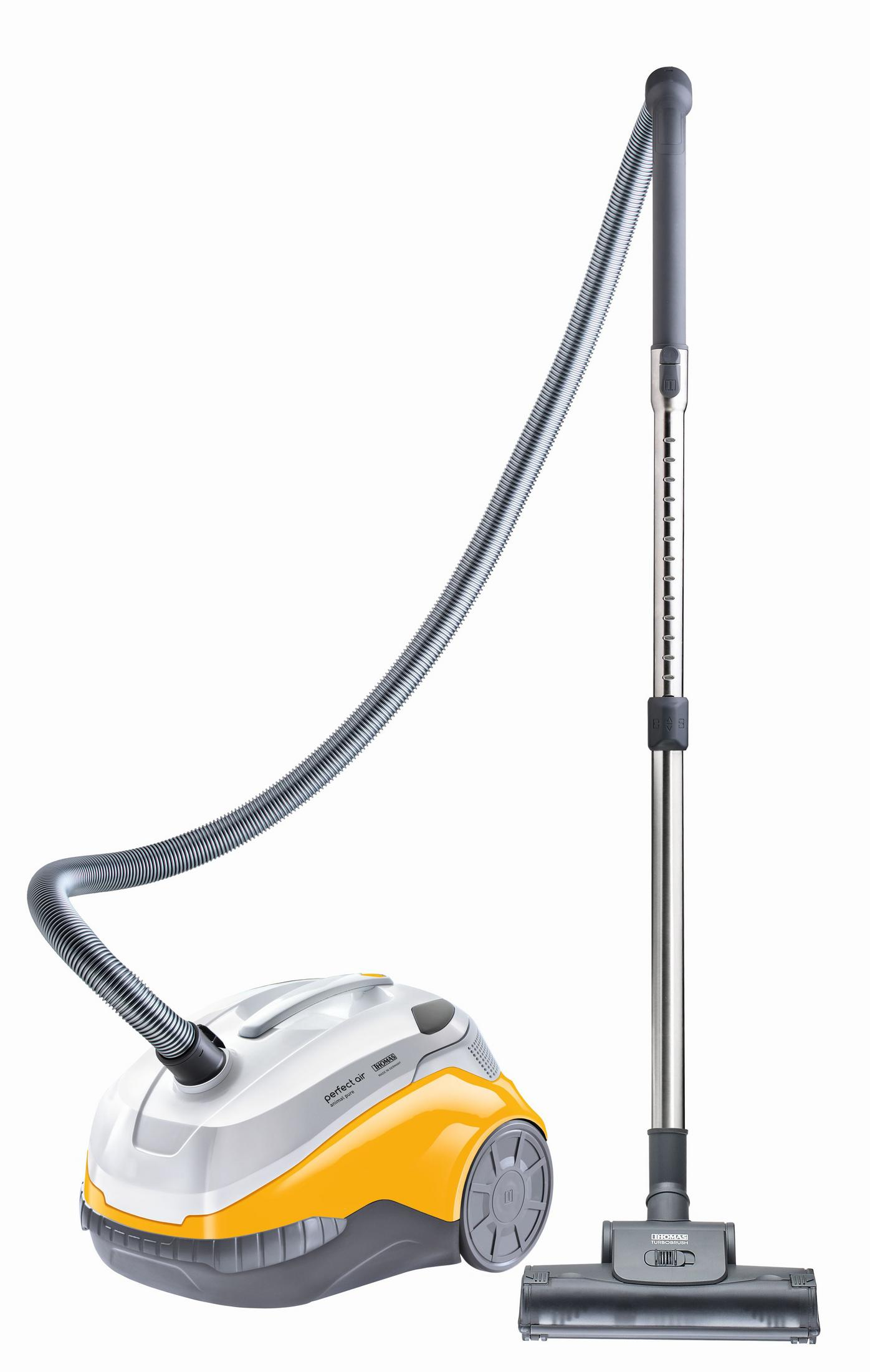 Żółto-biały odkurzacz z długim wężem i szarym uchwytem na białym tle.