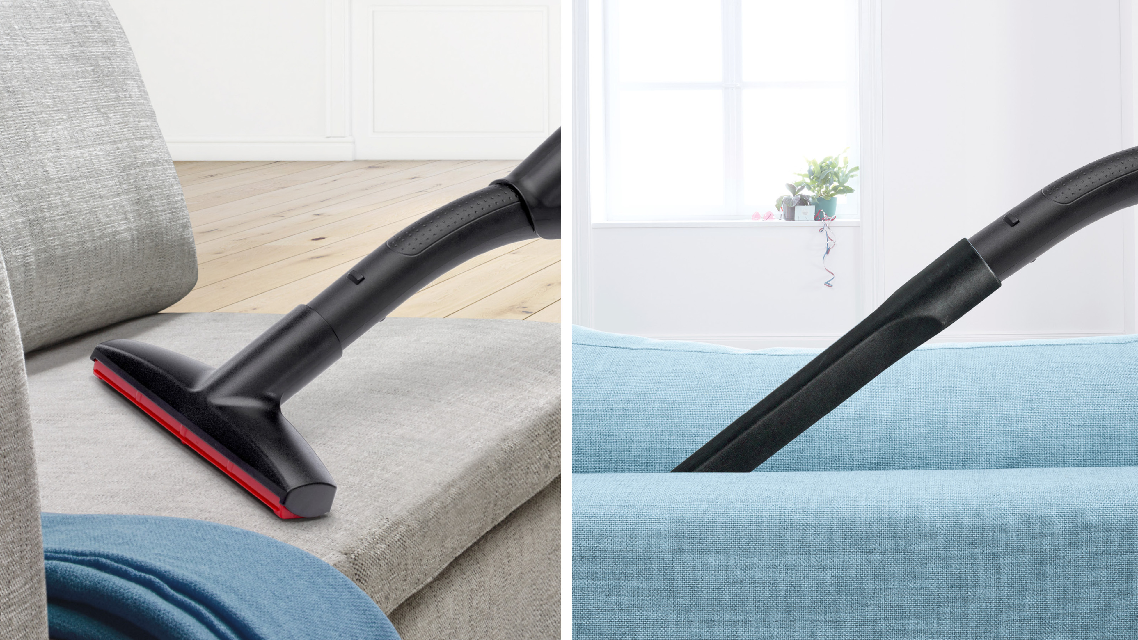 Dwa zdjęcia odkurzaczy czyszczących sofę.