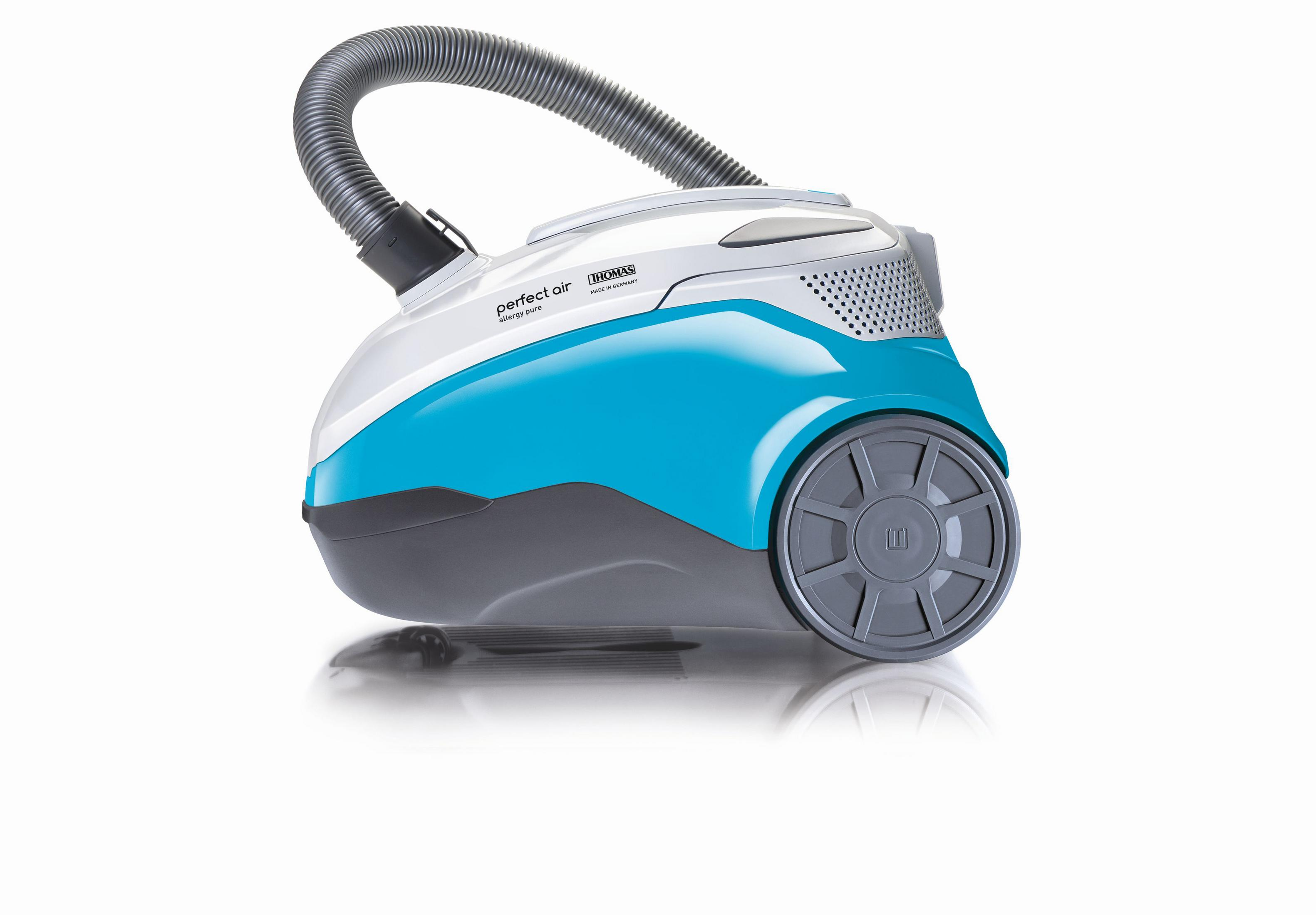 Niebiesko-szary odkurzacz. Widok z boku. Białe tło.