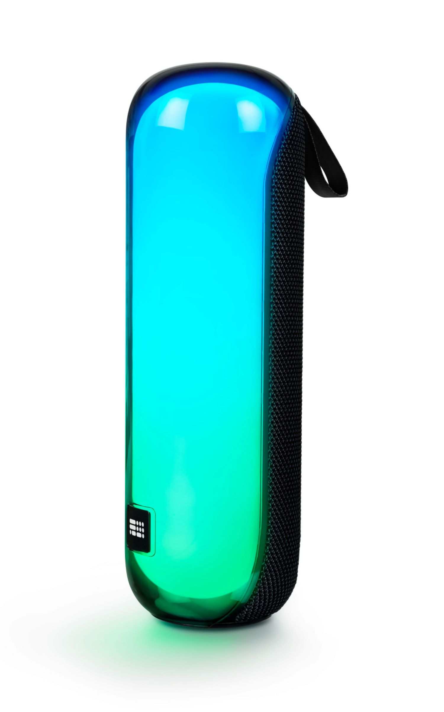 Głośnik JBL Pulse 5 z kolorowym światłem gradientowym. Głośnik stoi pionowo na białym tle.