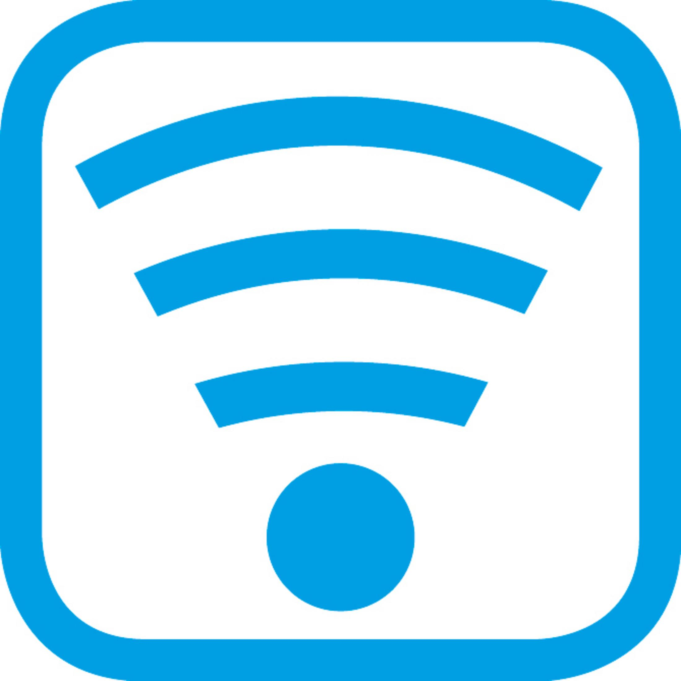 Niebieski symbol Wi-Fi w kwadracie. Posiada trzy zakrzywione linie i okrąg.