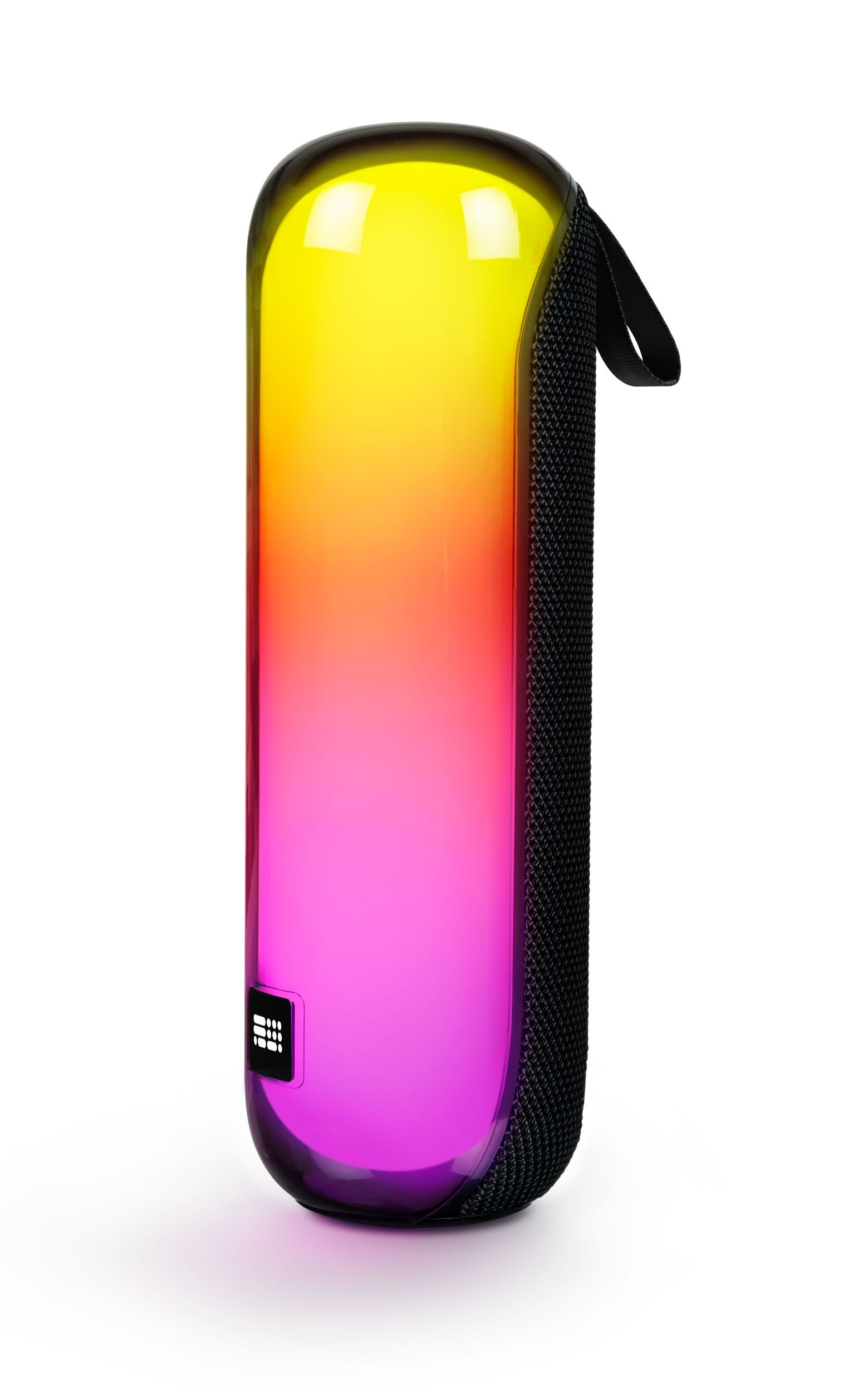 Kolorowy, cylindryczny głośnik z gradientem i czarną siatkową sekcją.