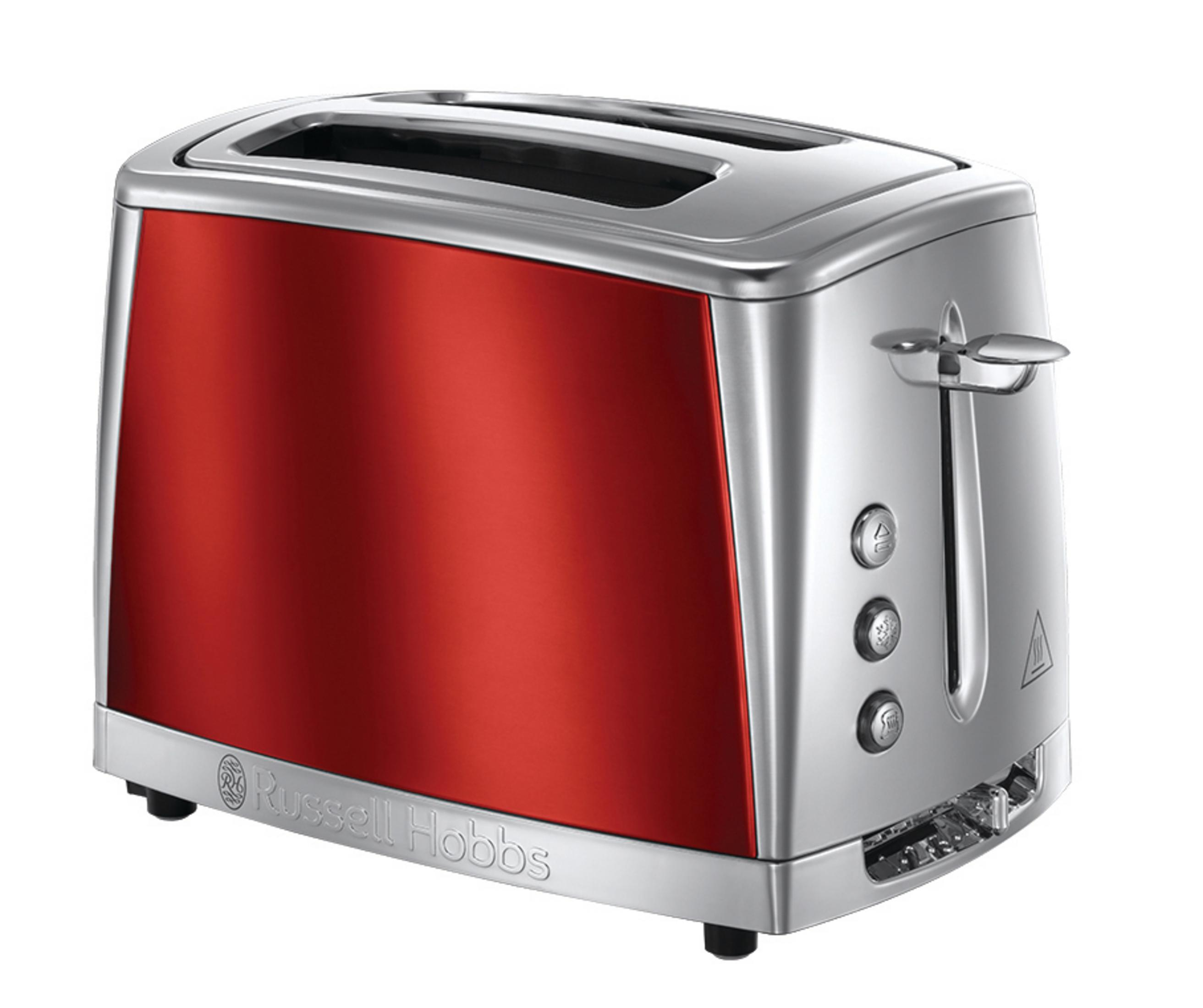 Roter und silberner Russell Hobbs Toaster mit drei Bedienknöpfen, auf weißem Untergrund.