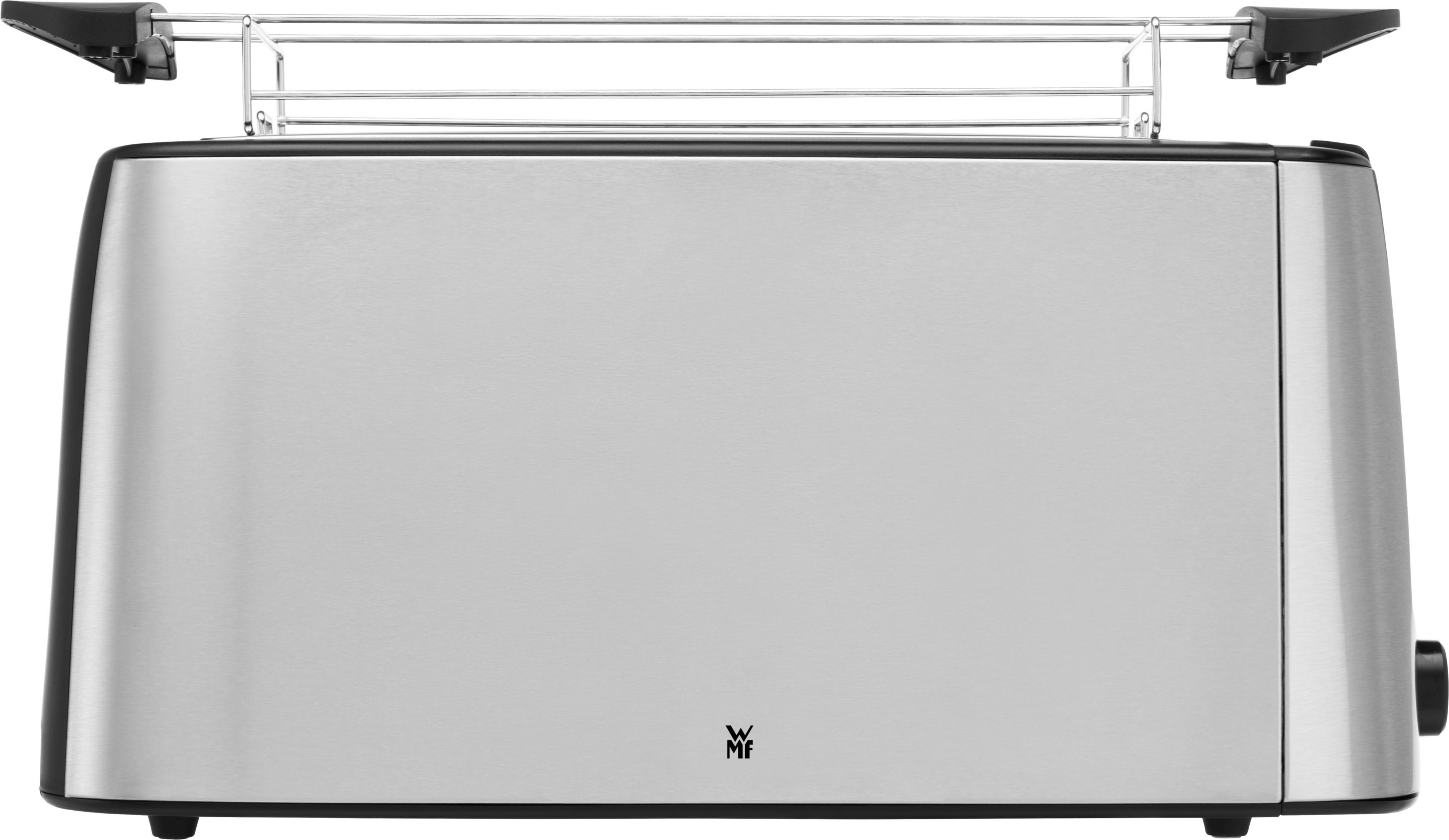 Silberner Toaster, Seitenansicht, mit Rost oben, schwarze Bedienelemente.