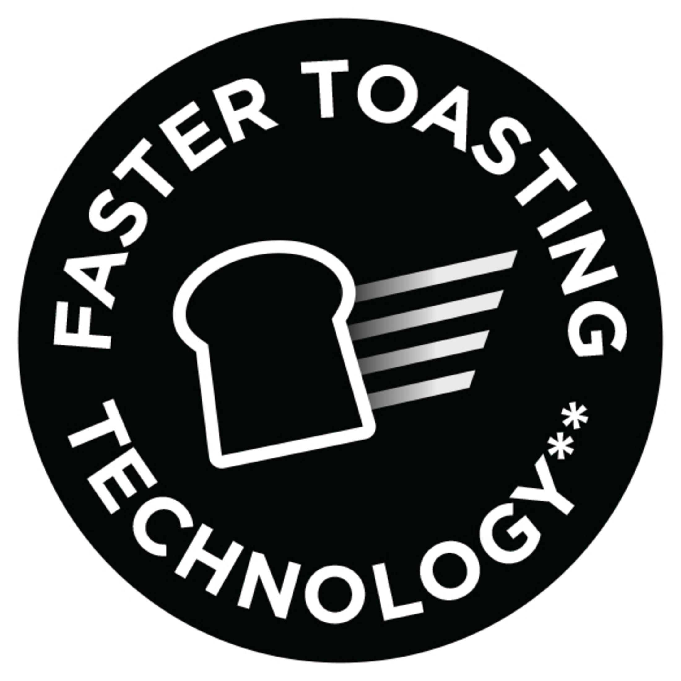 Czarne koło z tekstem "Faster Toasting Technology" i kromką chleba.