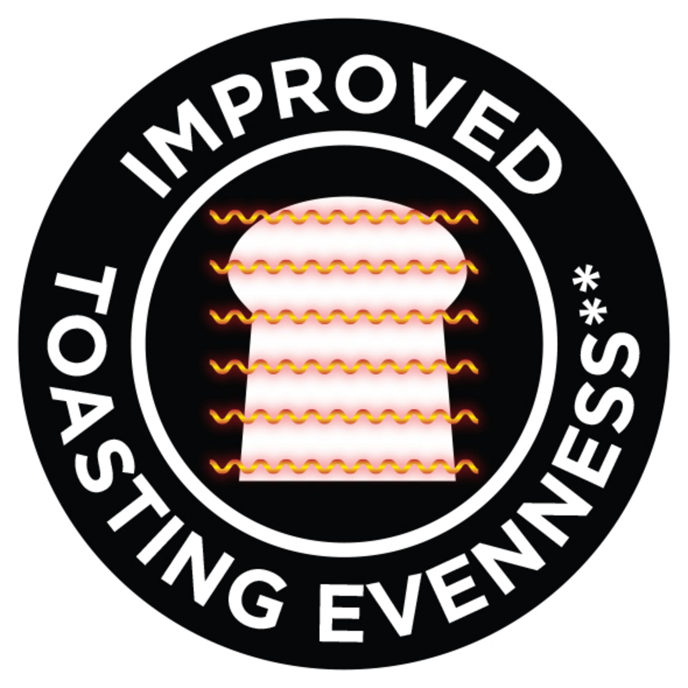 Ulepszone logo równomierności opiekania. Pokazuje kromkę chleba z czerwonymi elementami grzejnymi.