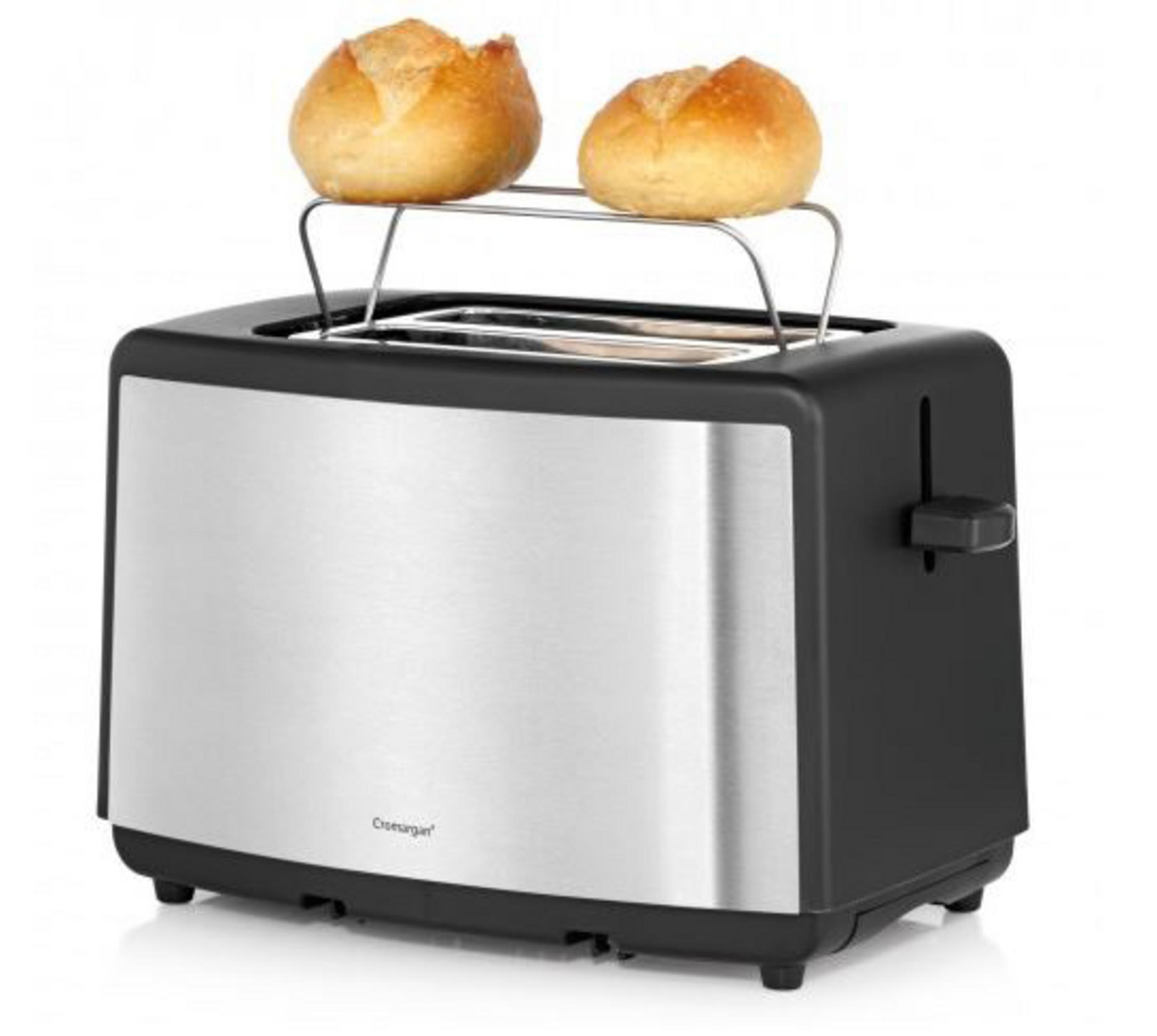 Toster z dwoma bułkami na wierzchu. Czarno-srebrny design.