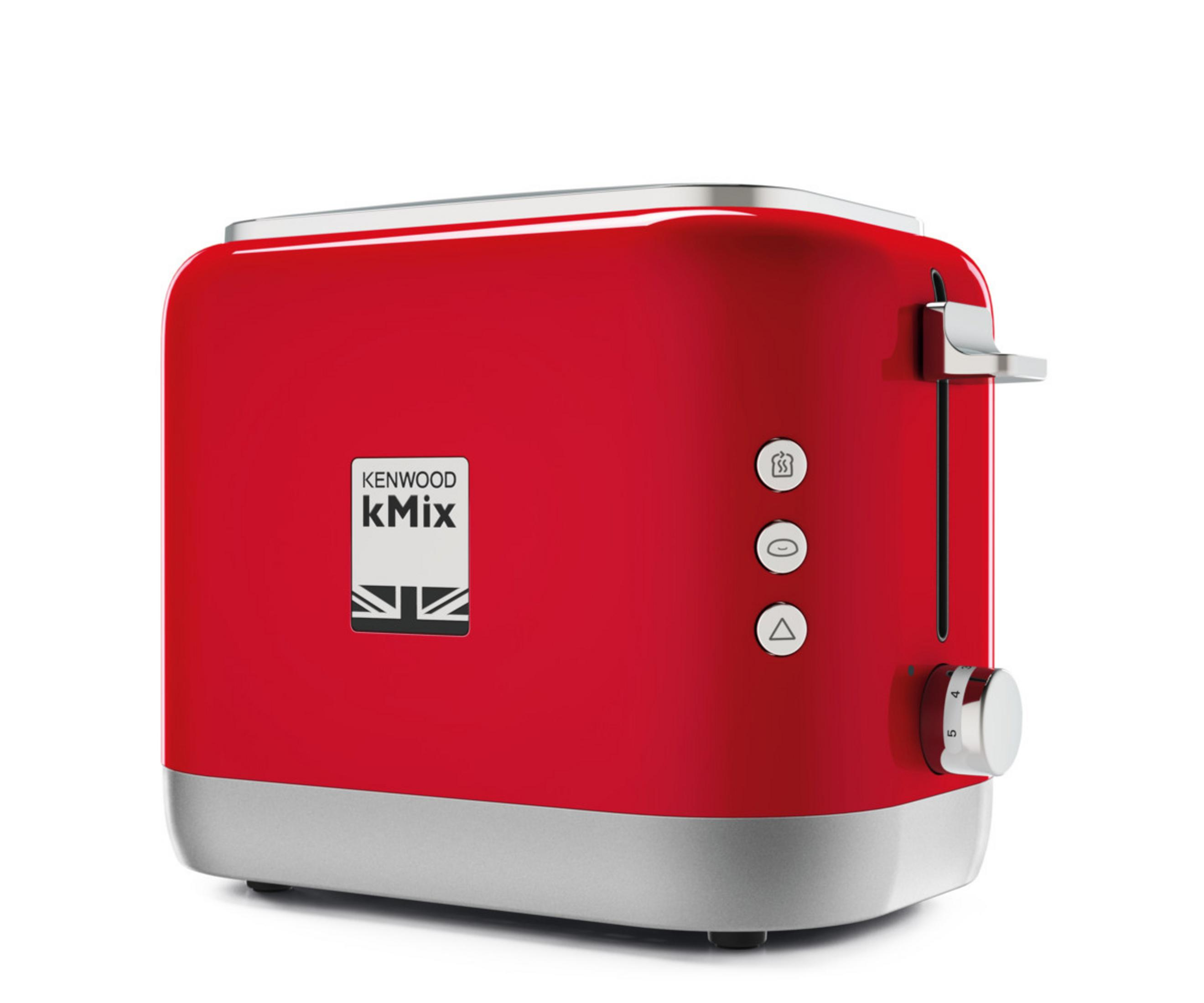 Tostapane rosso Kenwood Kmix su sfondo bianco, con base e pulsanti argentati.