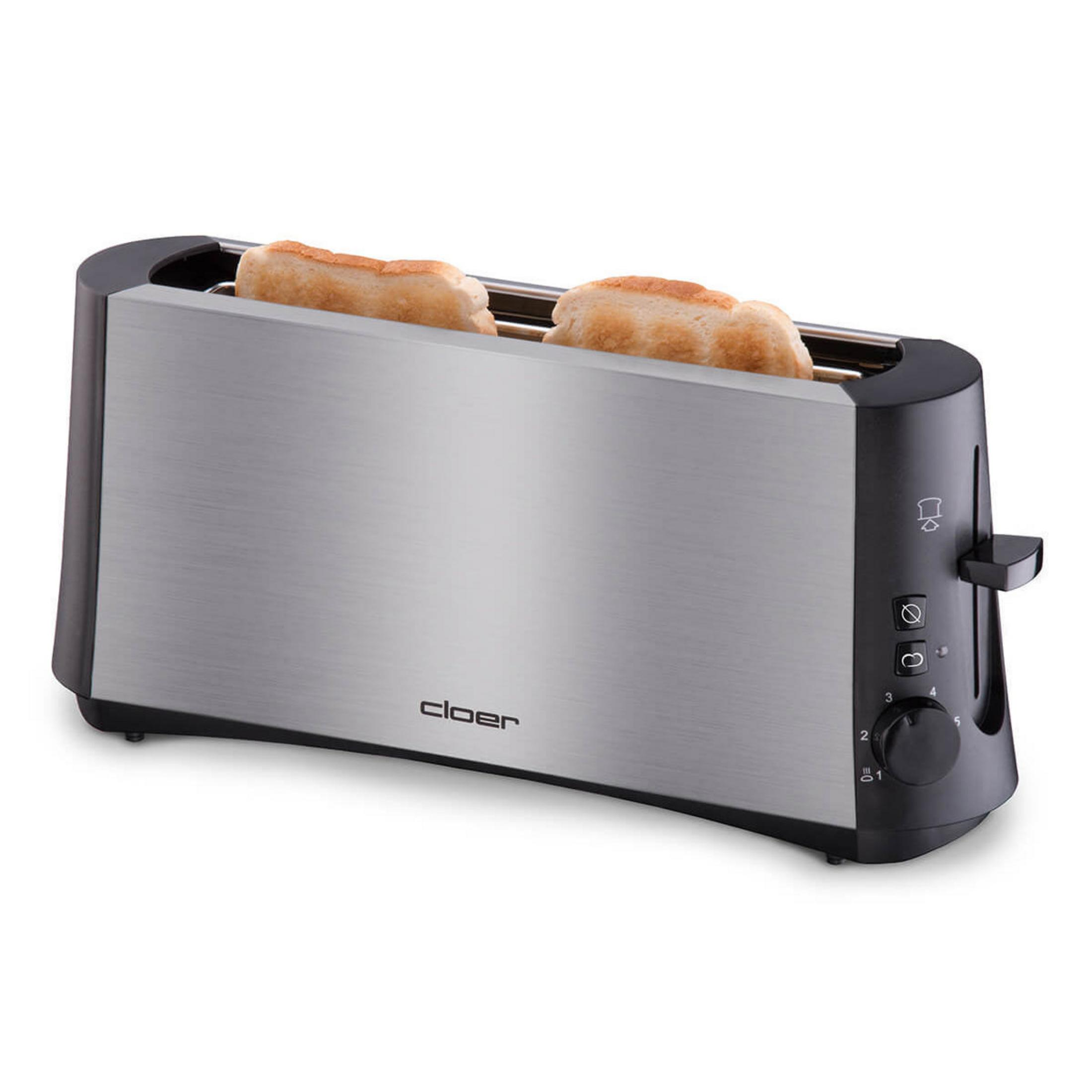 Ein silberner und schwarzer Toaster mit zwei Toastbrotscheiben in den Schlitzen.