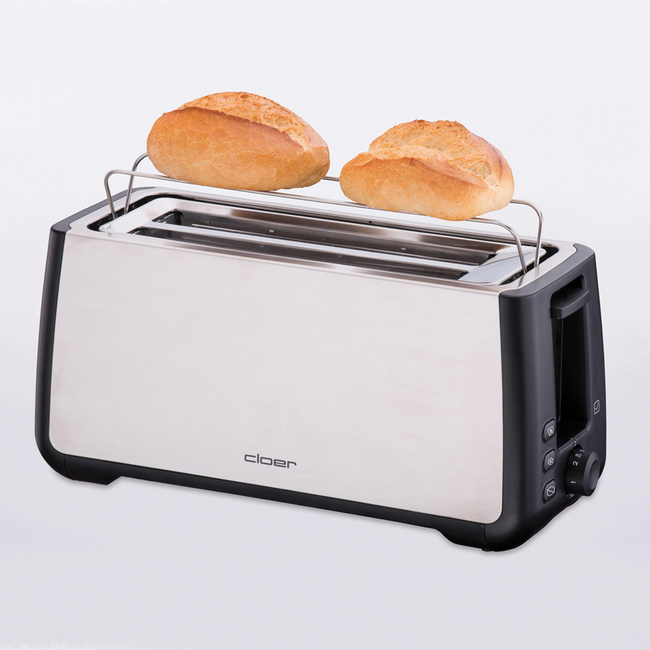 Ein Toaster aus Edelstahl und Schwarz mit zwei Brötchen auf einem Warmhalterost.