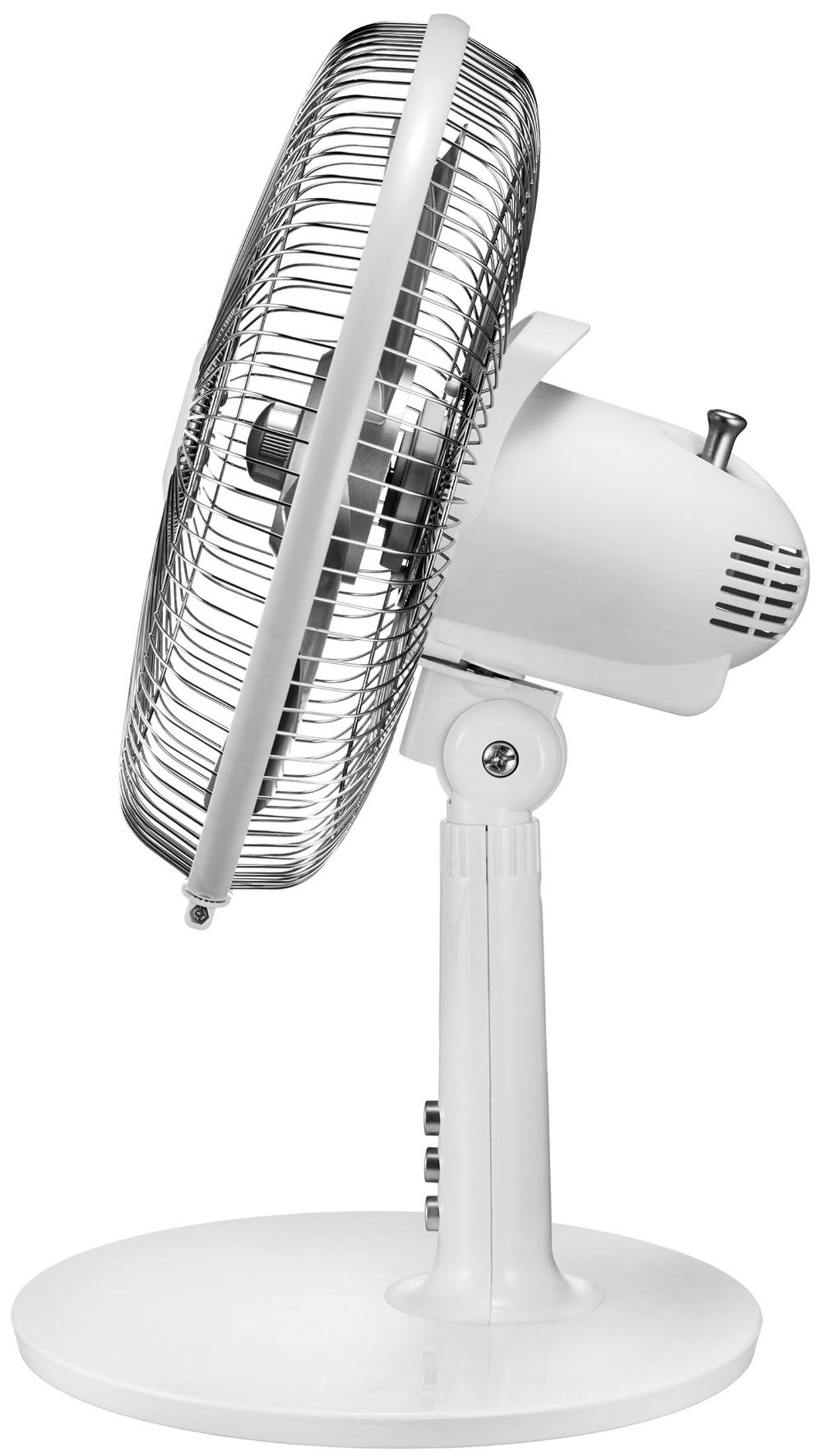 Biały wentylator stojący z metalową osłoną ochronną. Wentylator jest lekko pochylony, pokazując łopatki i podstawę.