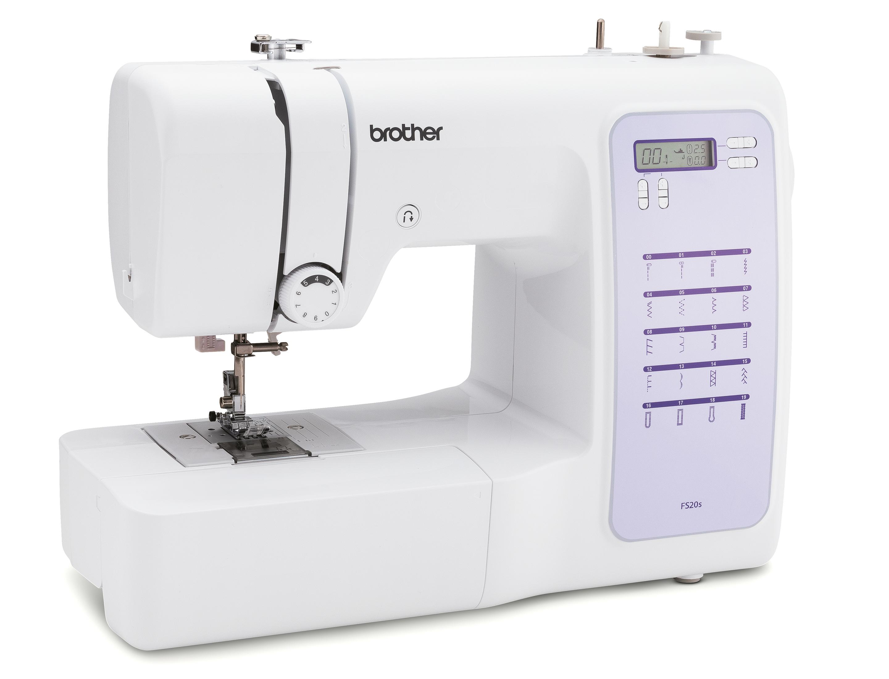Biała maszyna do szycia z panelem sterowania i fioletowym schematem kolorów.