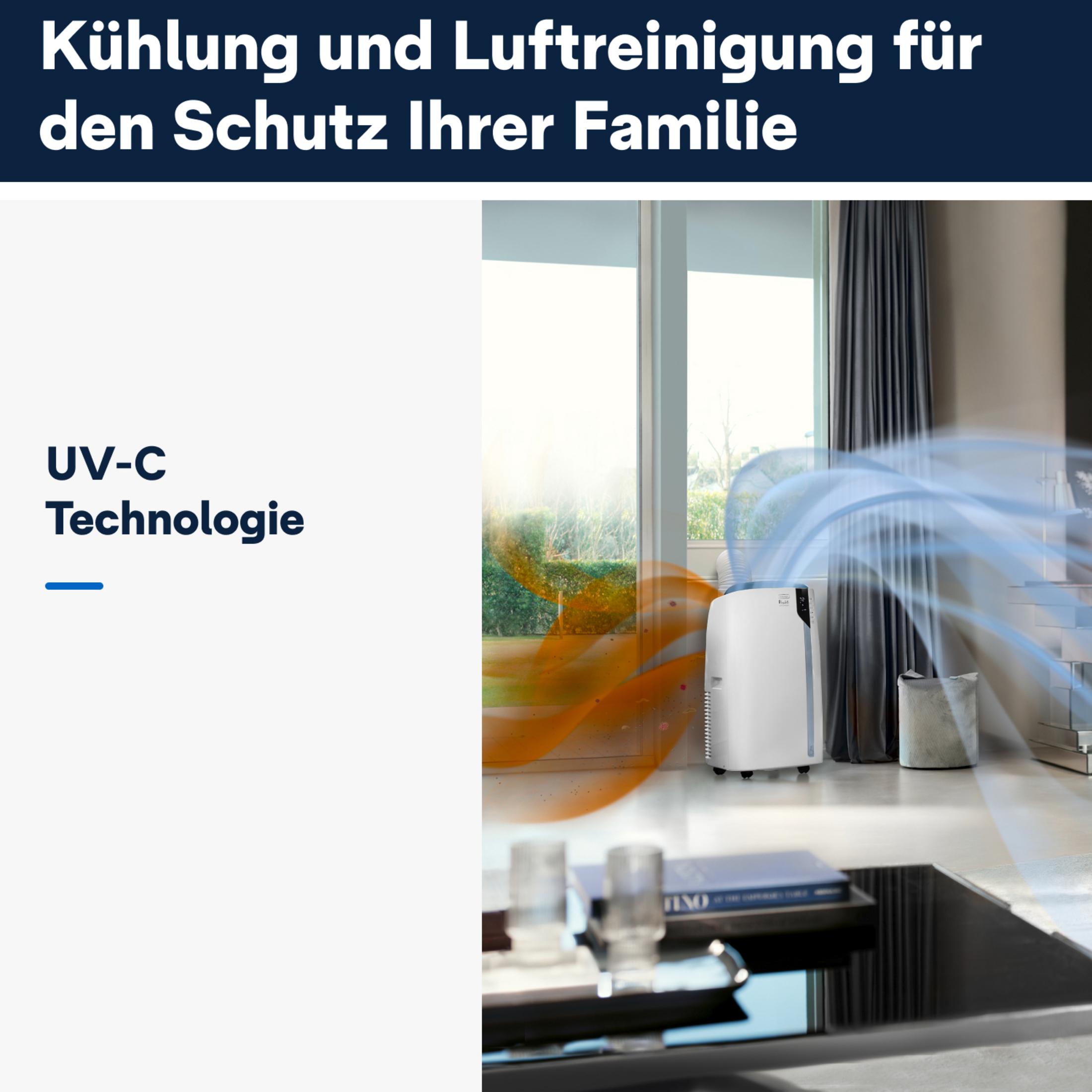 Luftreiniger mit Text und Fenster im Hintergrund.