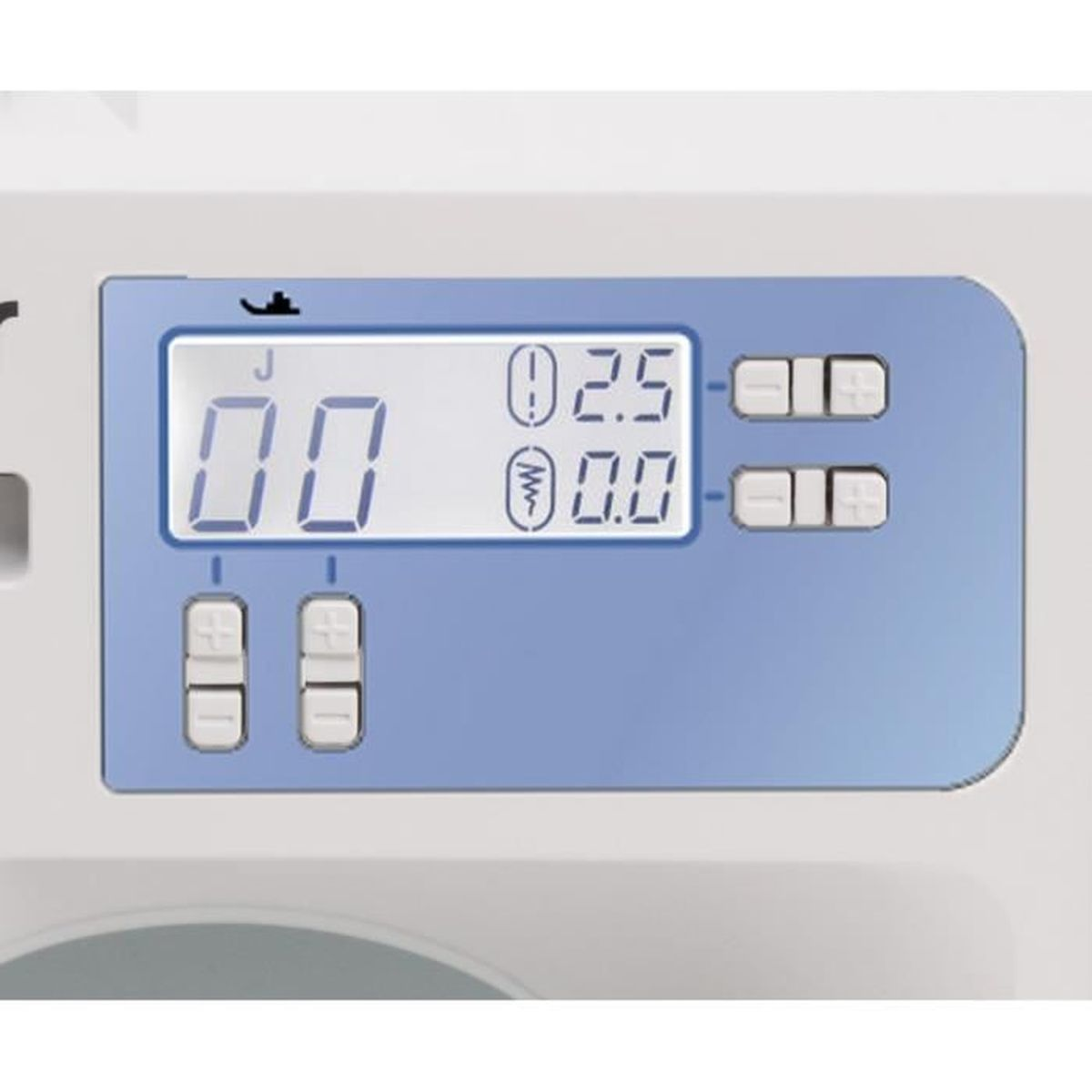 Wyświetlacz maszyny do szycia pokazuje ustawienia na niebieskim tle.