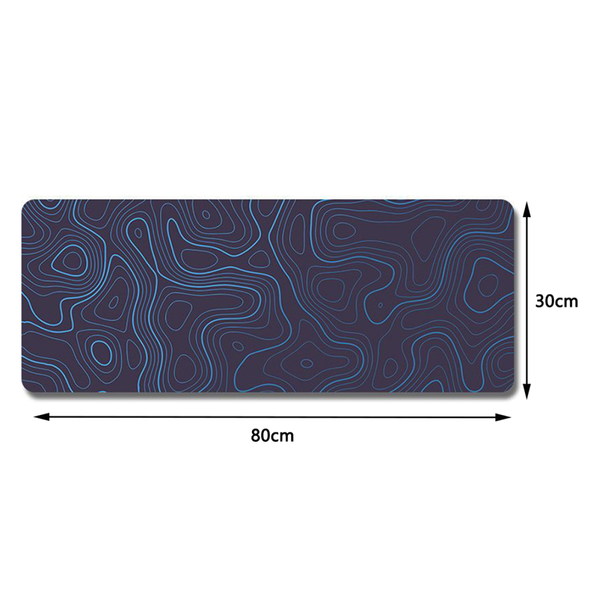 Ein rechteckiges Mousepad mit blauem Konturkartendesign auf dunklem Hintergrund.