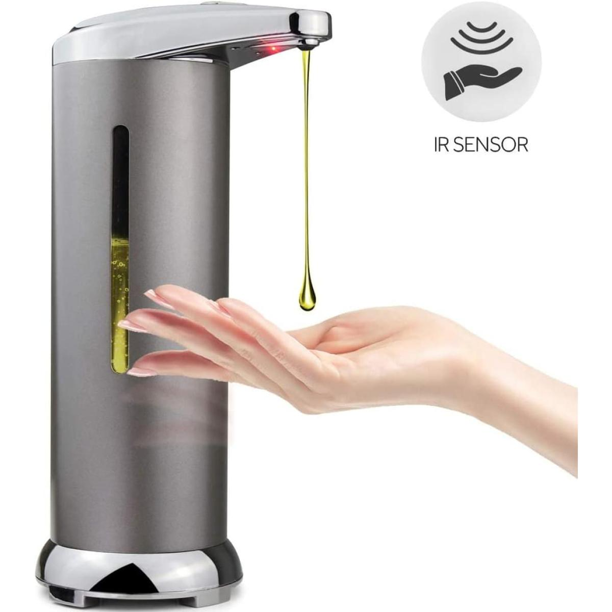 Automatischer Seifenspender. Eine Hand wird darunter gehalten, und Seife wird abgegeben. Es hat einen IR-Sensor.