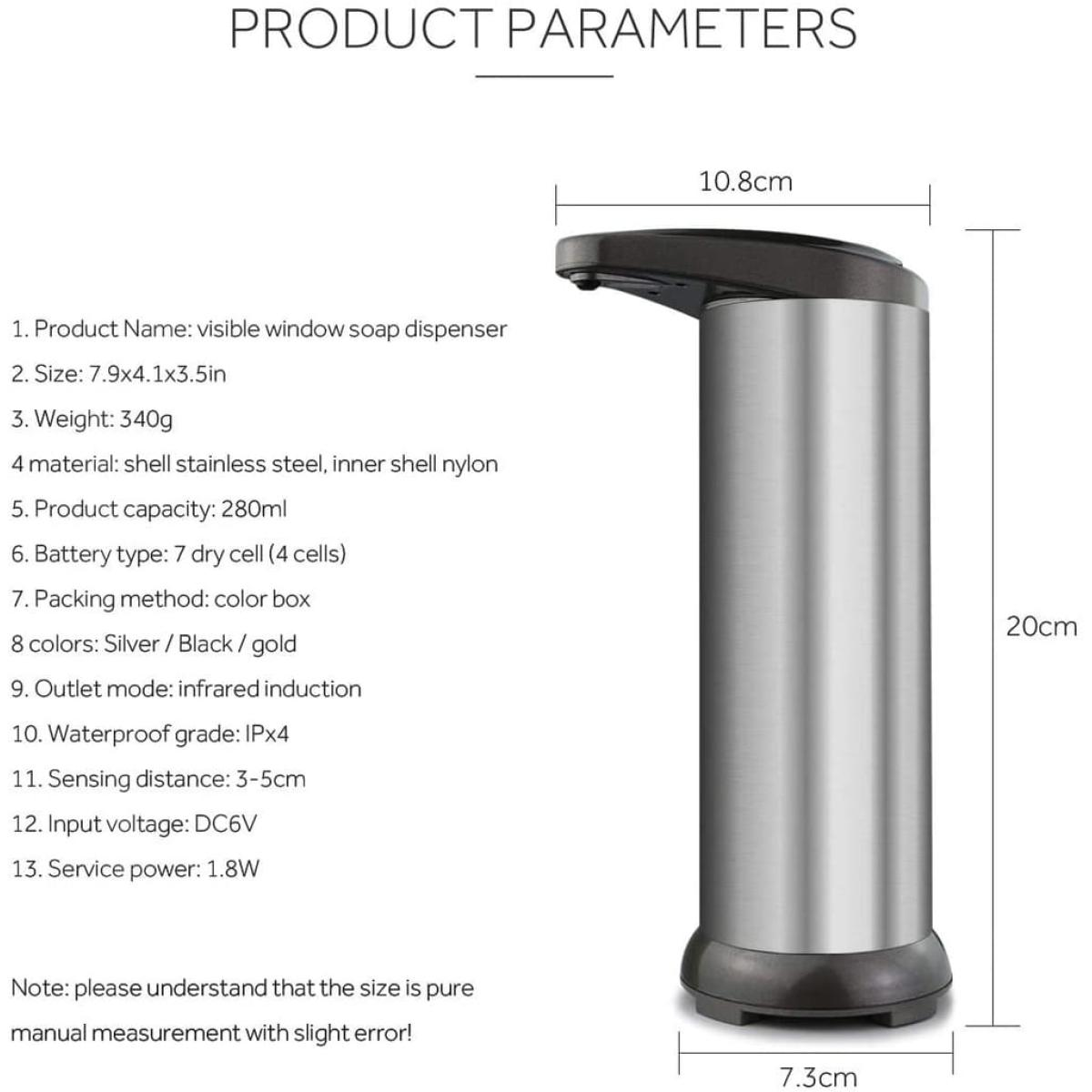 Silberner Seifenspender. Produktdetails umfassen Größe, Gewicht, Material, Kapazität und andere Spezifikationen.